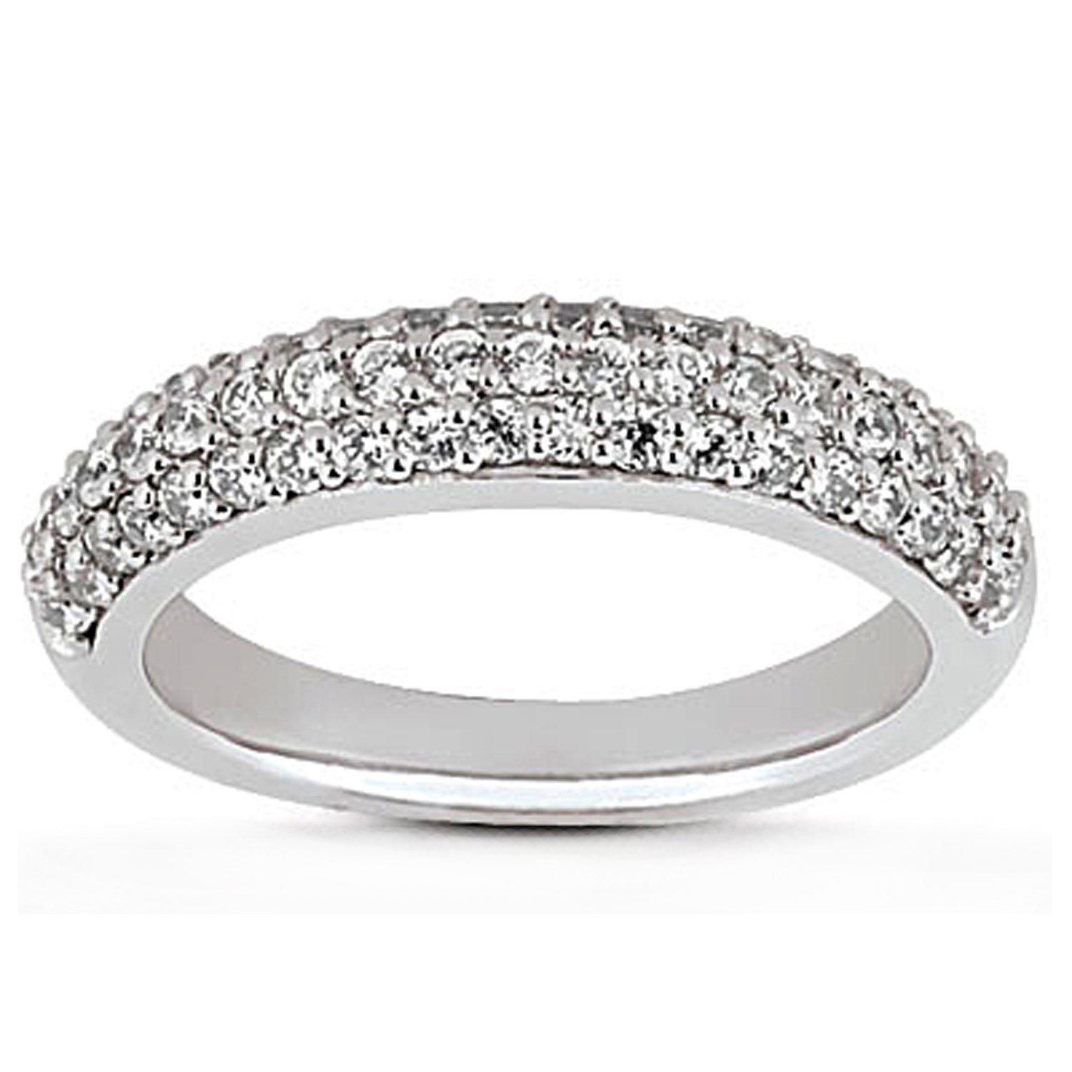 14k White Gold Triple Multi-Row Micro- Pave Diamond Wedding Ring Band in a sleek high-contrast midnight luxury editorial styl