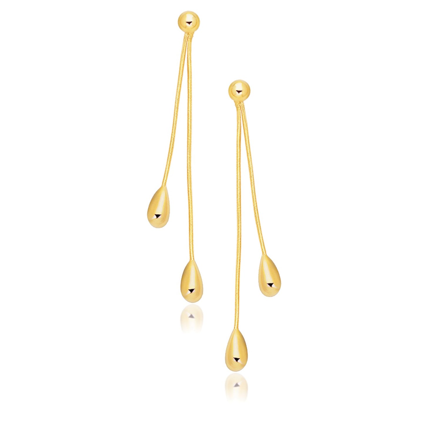 14k Yellow Gold Double Drop Long Earrings in a sleek high-contrast midnight luxury editorial style