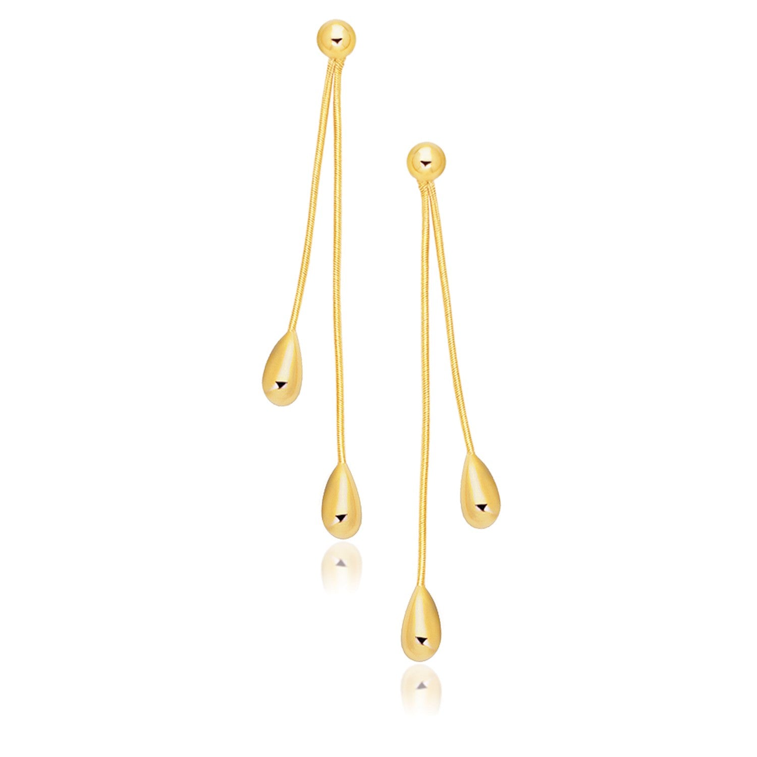 14k Yellow Gold Double Drop Long Earrings in a sleek high-contrast midnight luxury editorial style