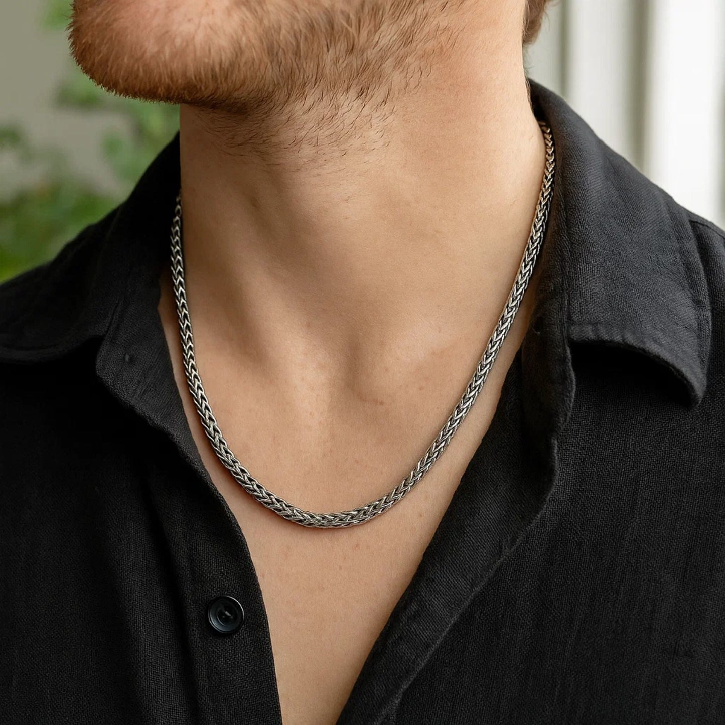 Oxidized Sterling Silver Wheat Style Chain Men's Necklace
