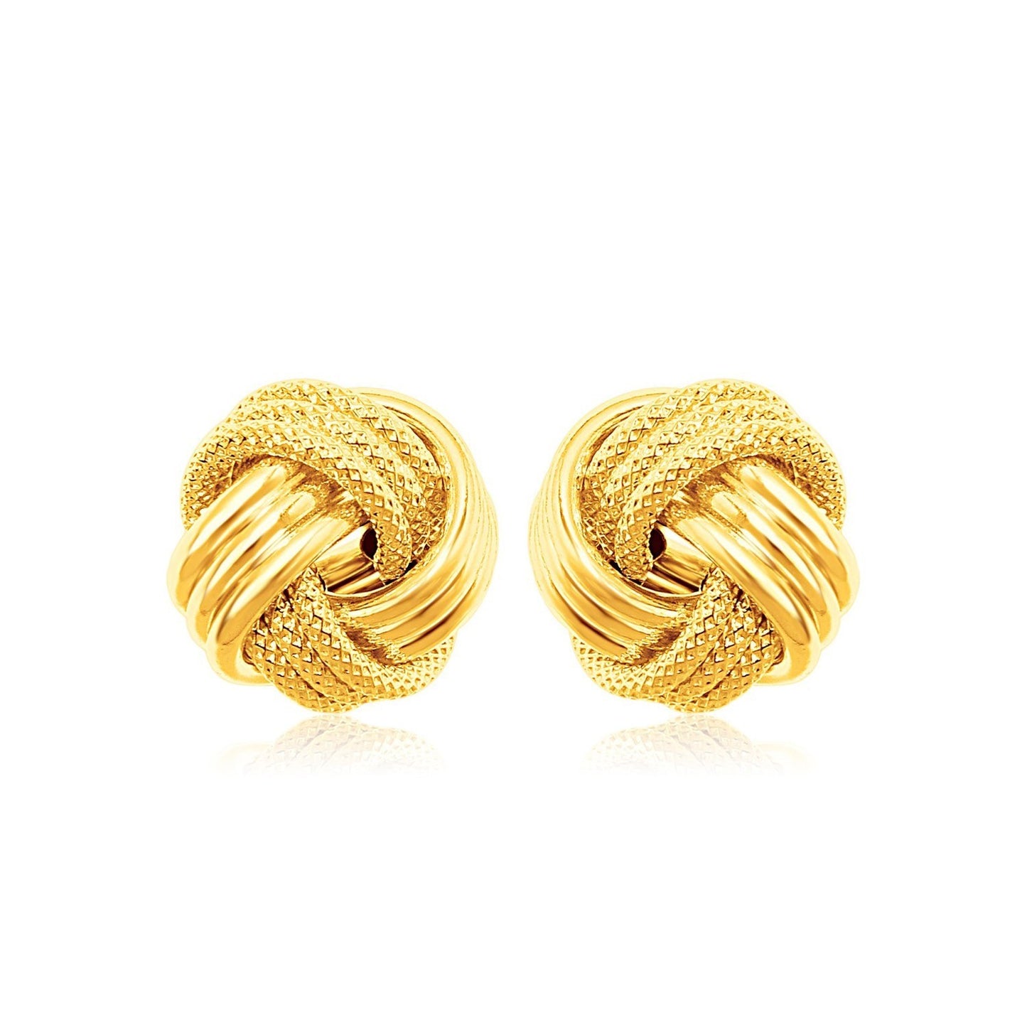 14k Yellow Gold Love Knot with Ridge Texture Earrings in a sleek high-contrast midnight luxury editorial style