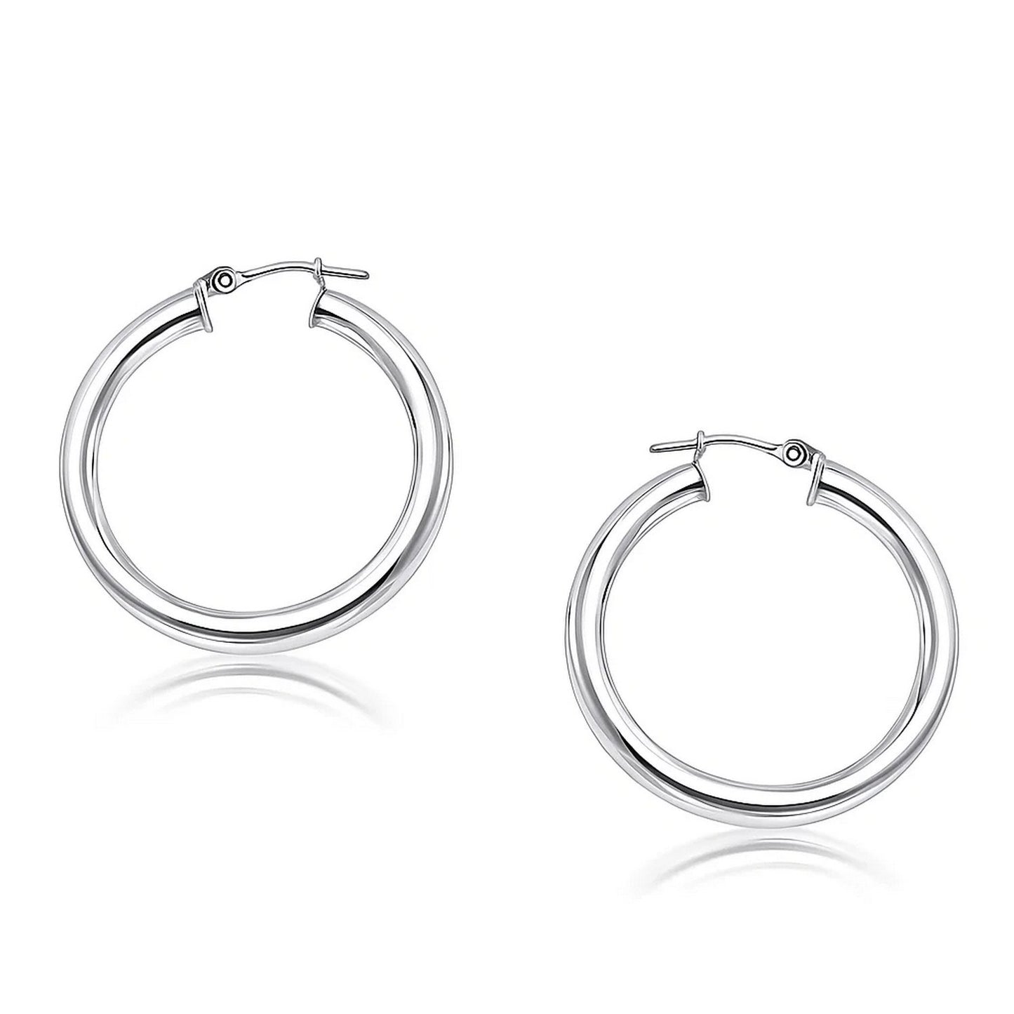 14k White Gold Polished Hoop Earrings (4x30mm) in a sleek high-contrast midnight luxury editorial style