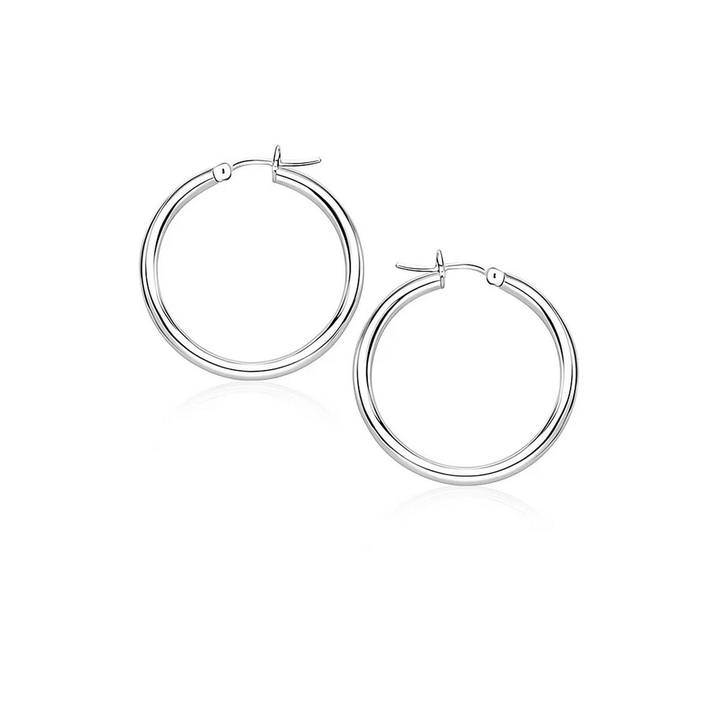 14k White Gold Polished Hoop Earrings (2x20mm) in a sleek high-contrast midnight luxury editorial style