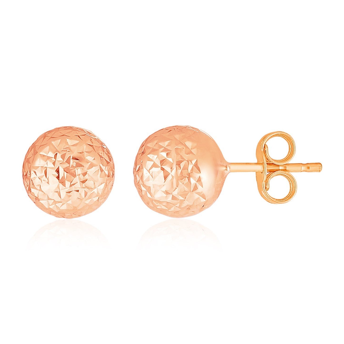 14k Rose Gold Ball Earrings with Crystal Cut Texture(7mm) in a sleek high-contrast midnight luxury editorial style