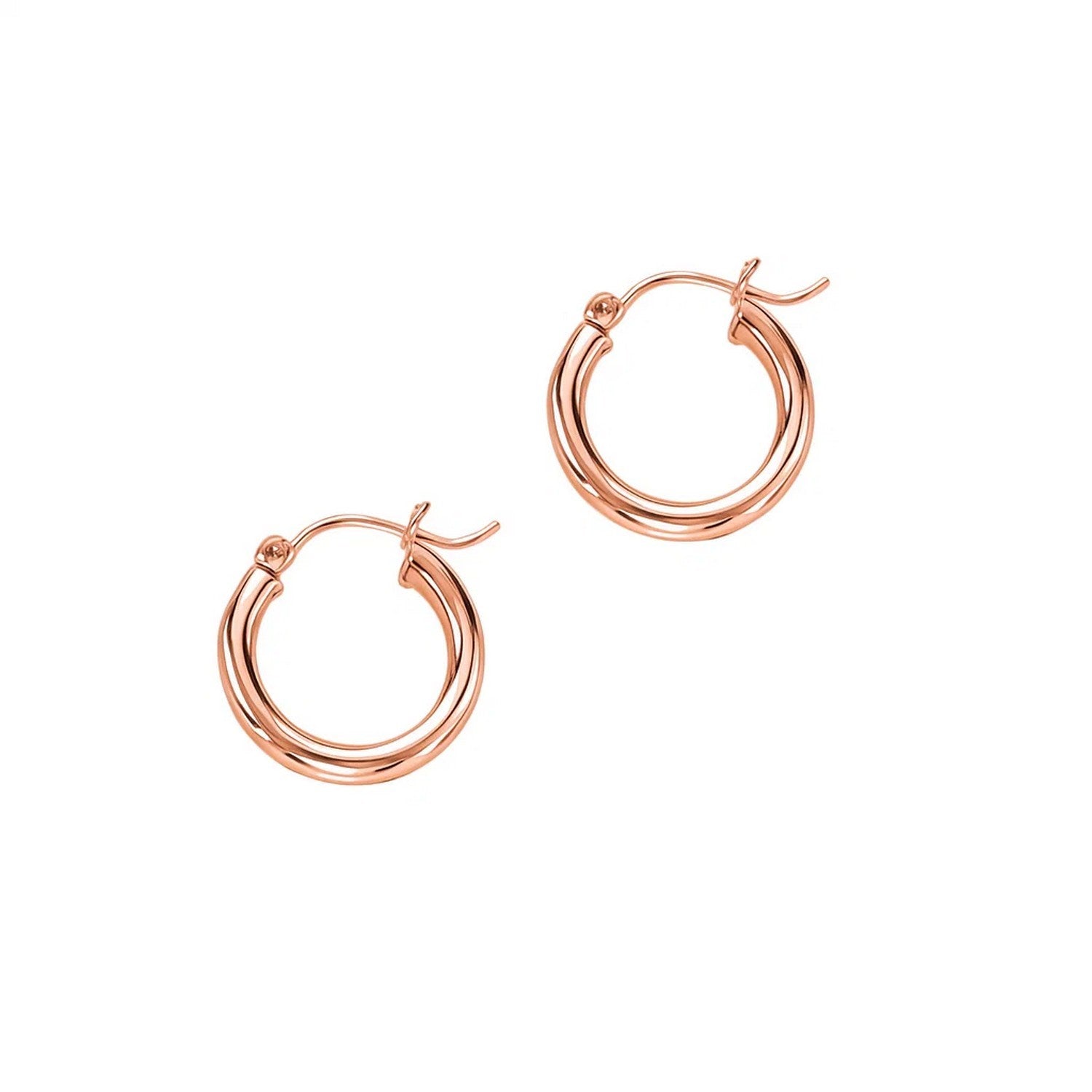 14k Rose Gold Polished Hoop Earrings (3x15mm) in a sleek high-contrast midnight luxury editorial style