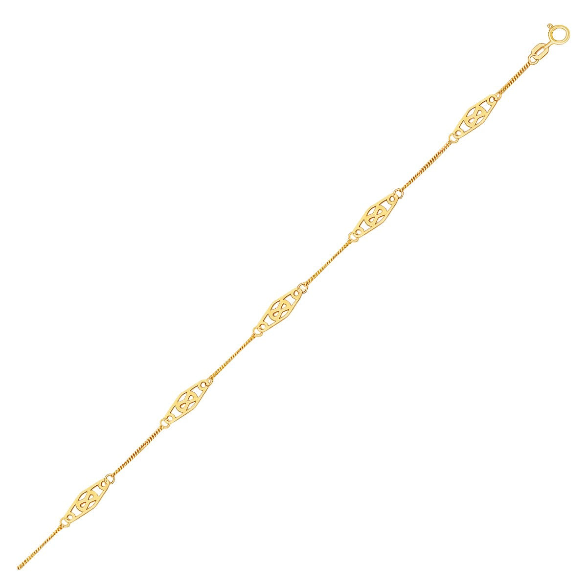14k Yellow Gold Anklet with Fancy Diamond Shape Filigree Stations in a sleek high-contrast midnight luxury editorial style