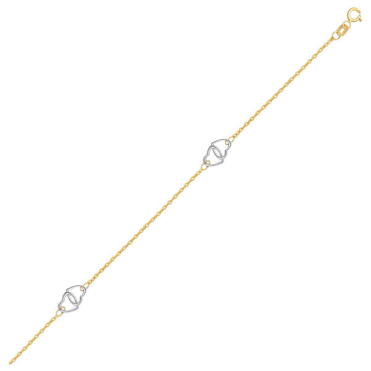 14k Two Tone Gold Entwined Heart Stationed Anklet in a sleek high-contrast midnight luxury editorial style