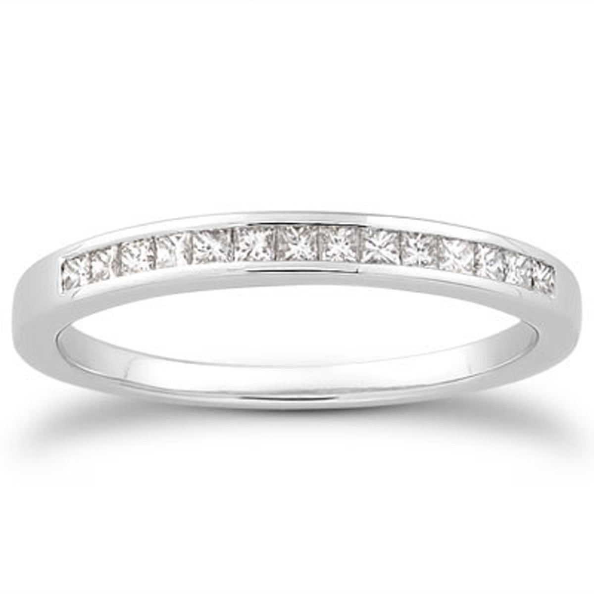 14k White Gold Channel Set Princess Diamond Wedding Ring Band in a sleek high-contrast midnight luxury editorial style