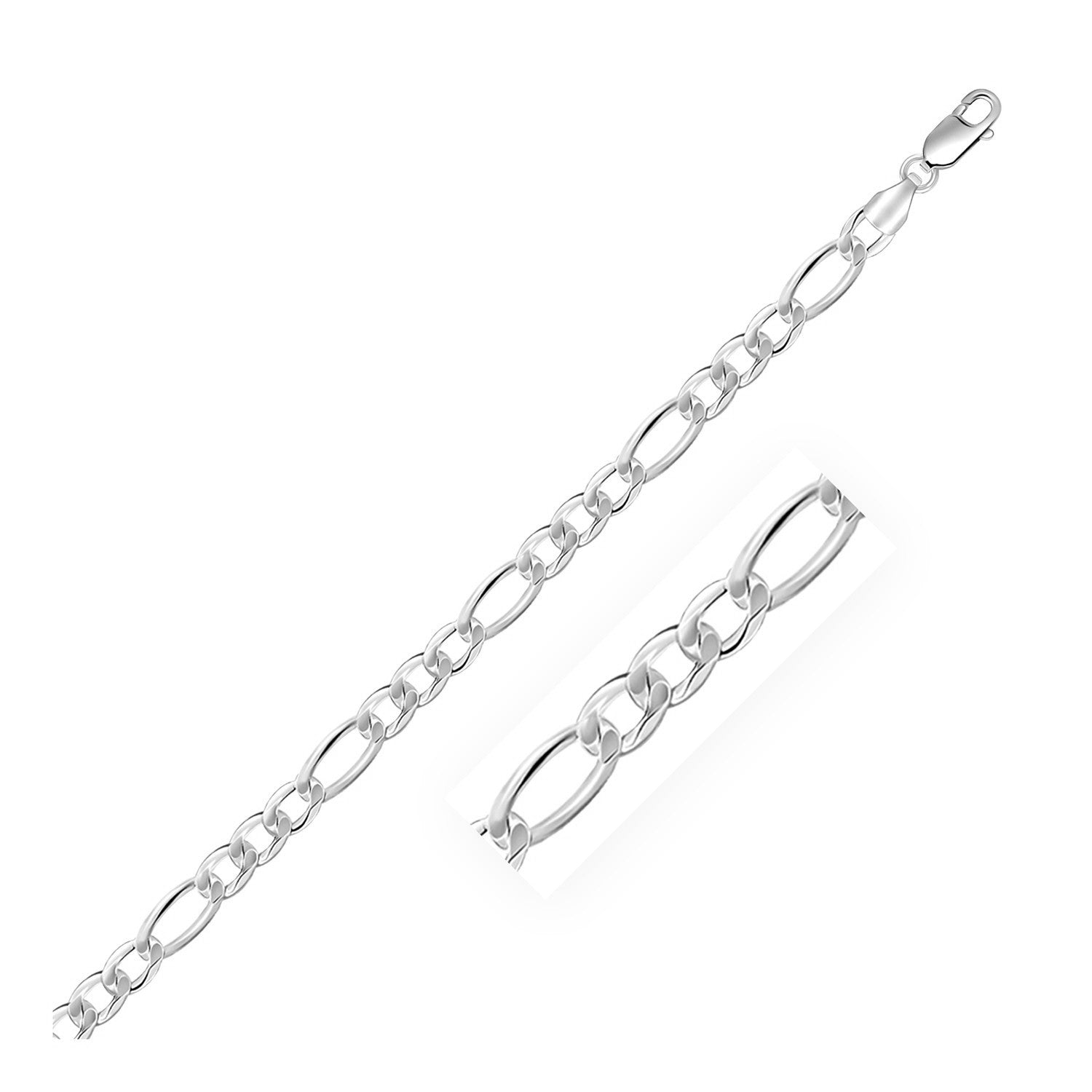 Rhodium Plated Sterling Silver Figaro Style Chain (5.40 mm) in a sleek high-contrast midnight luxury editorial style