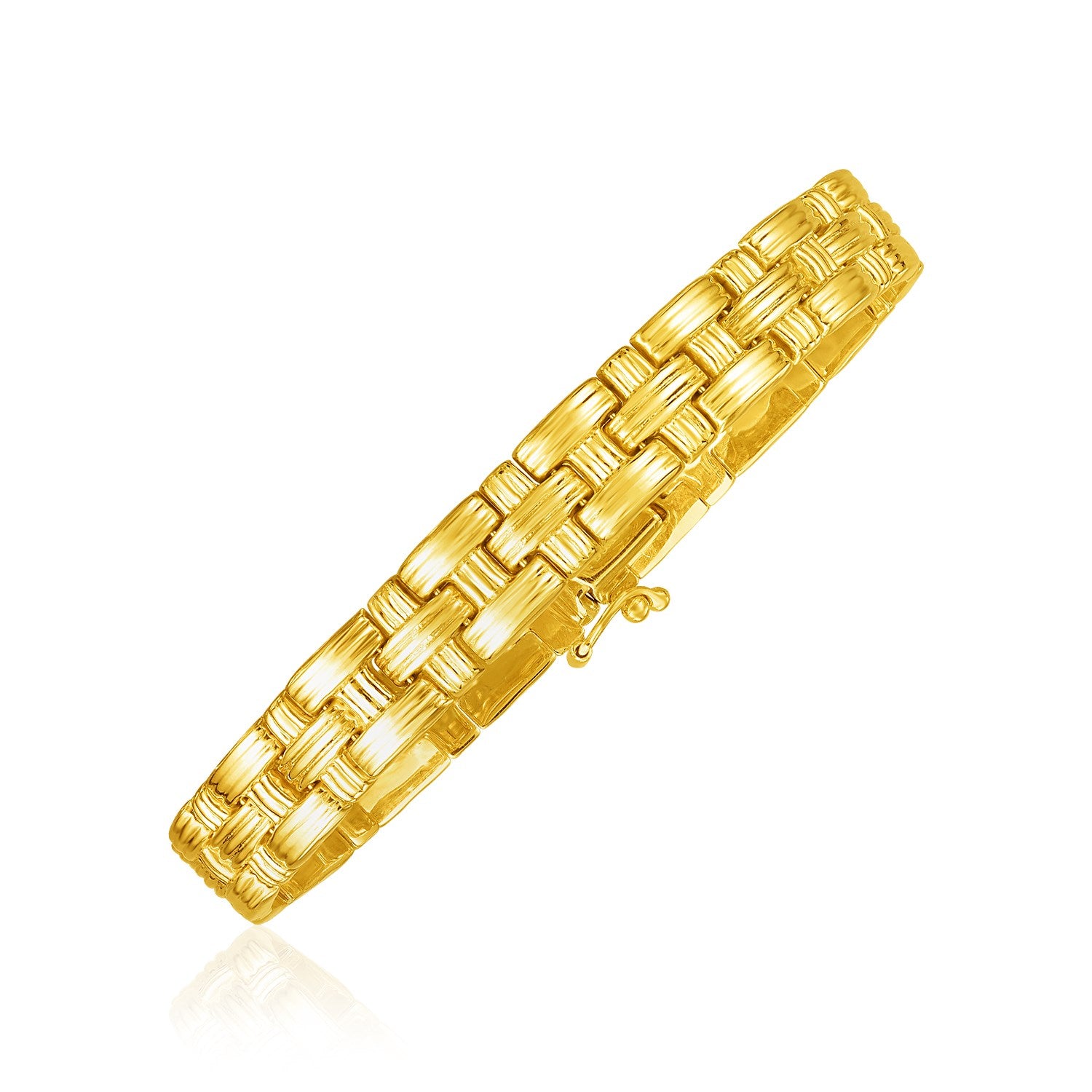 14k Yellow Gold Basket Weave Bracelet in a sleek high-contrast midnight luxury editorial style