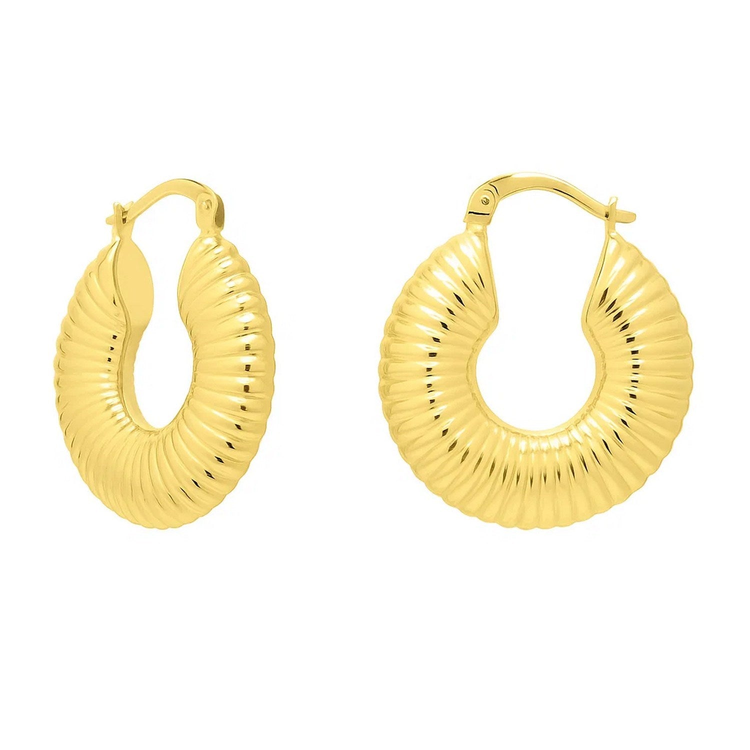Gold Round Ribbed Hoop Earrings in 14K Yellow Gold in a sleek high-contrast midnight luxury editorial style