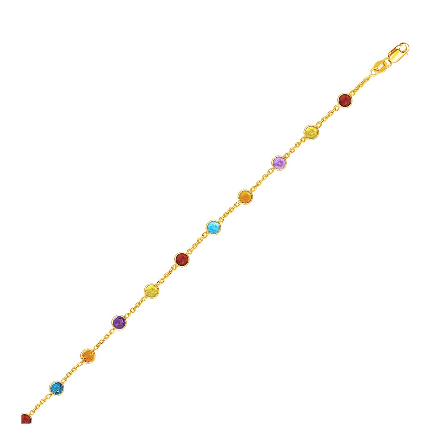 14k Yellow Gold Cable Anklet with Round Multi Tone Stations in a sleek high-contrast midnight luxury editorial style