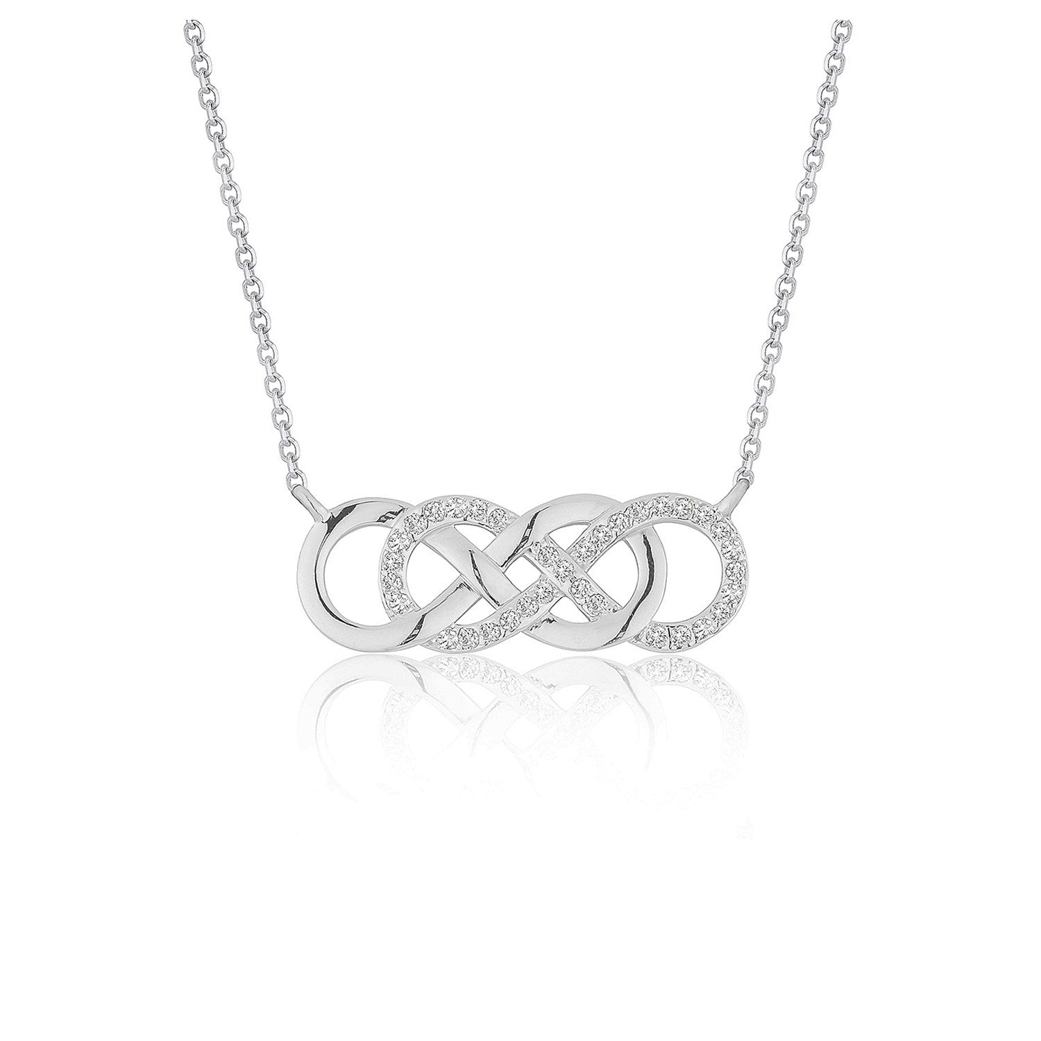 Double Infinity Diamond Pendant in 14k White Gold in a sleek high-contrast midnight luxury editorial style