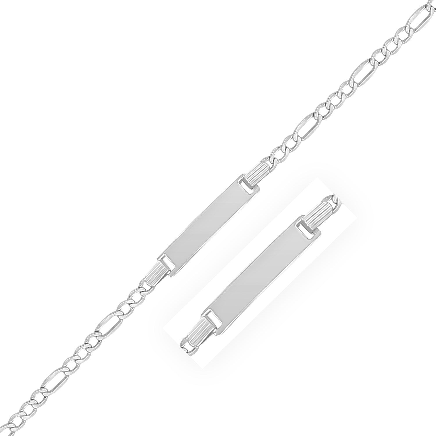 14k White Gold Figaro Chain Fancy Childrens ID Bracelet (3.30 mm) in a sleek high-contrast midnight luxury editorial style