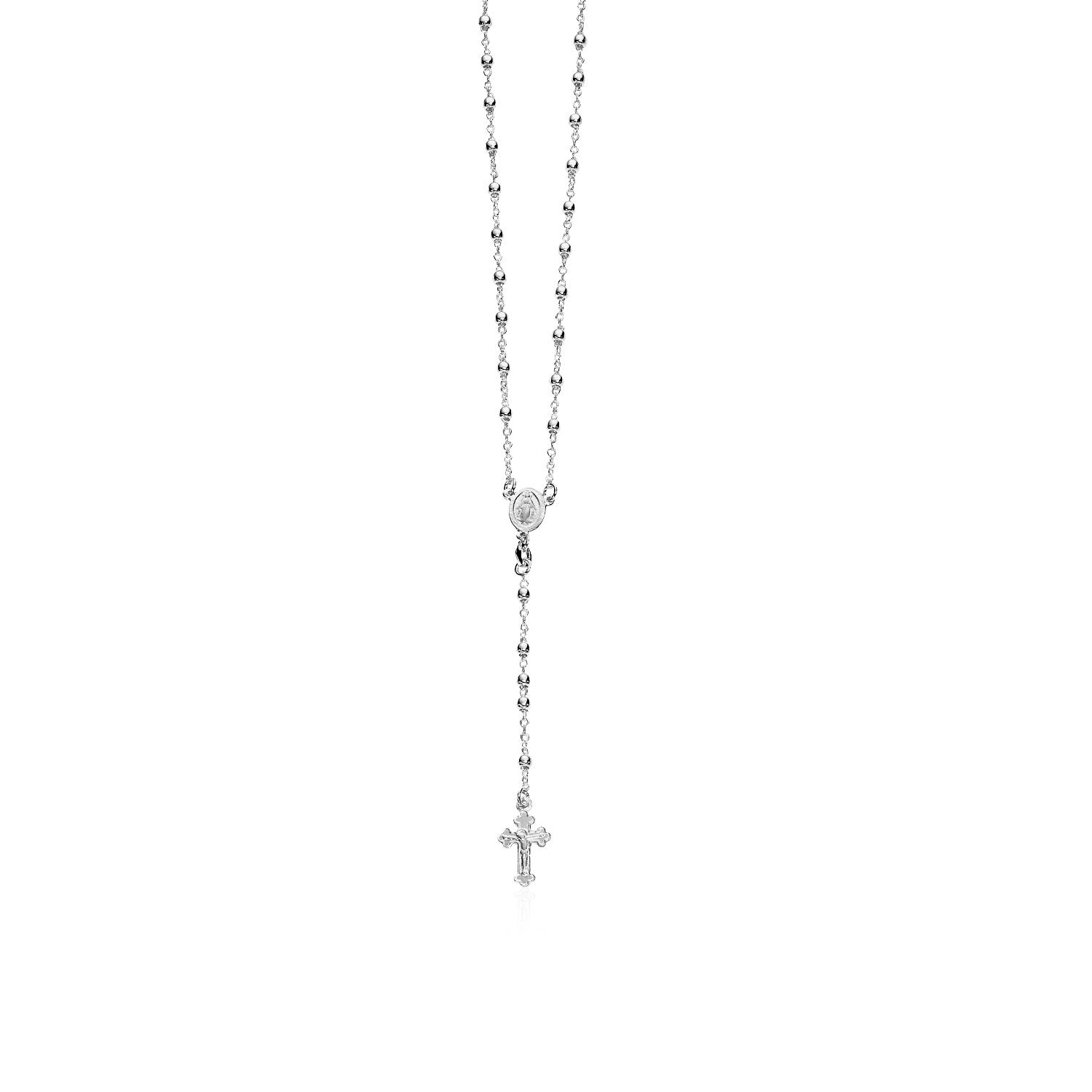 Fine Rosary Chain and Bead Necklace in Sterling Silver in a sleek high-contrast midnight luxury editorial style