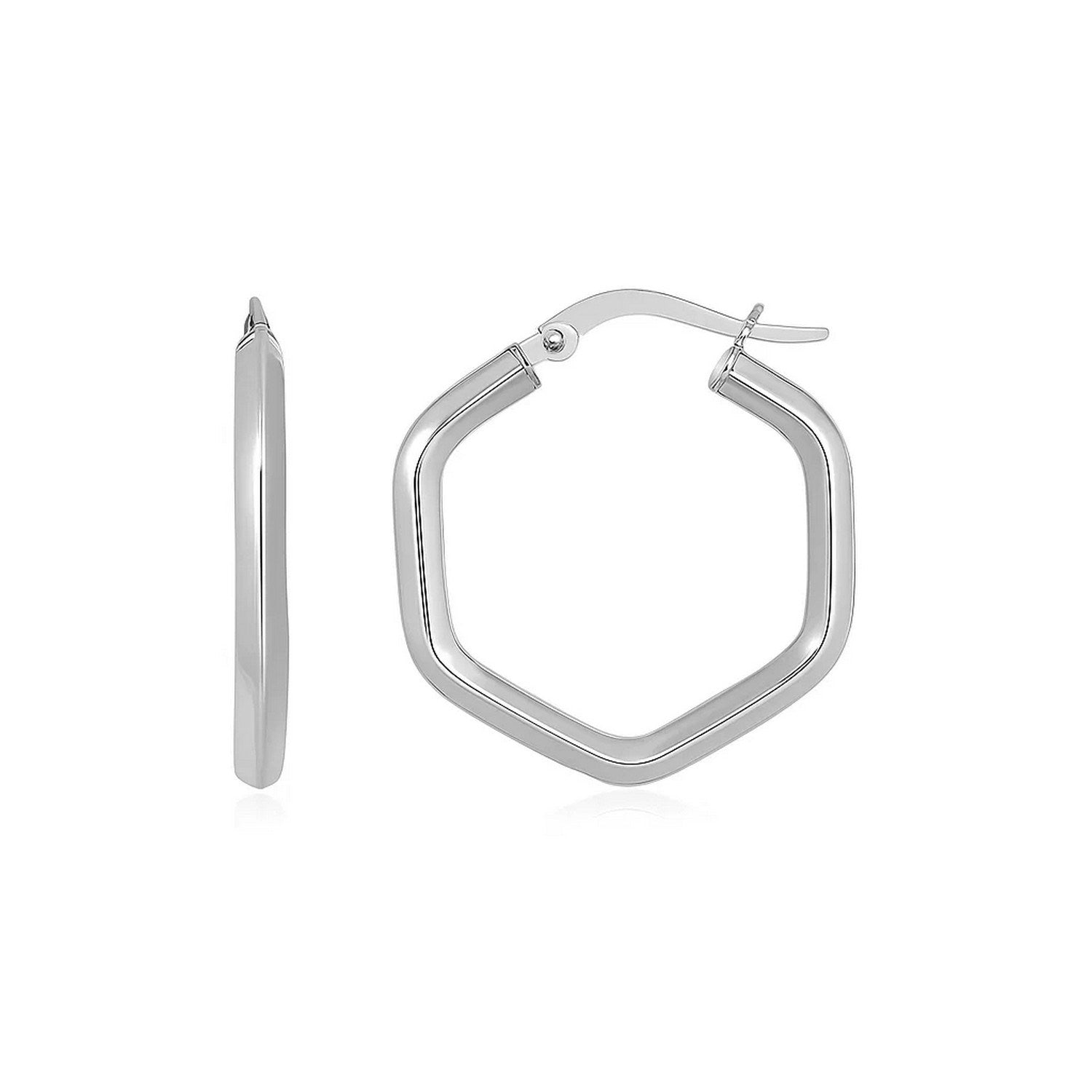 14k White Gold Shiny Hexagon Hoop Earrings in a sleek high-contrast midnight luxury editorial style