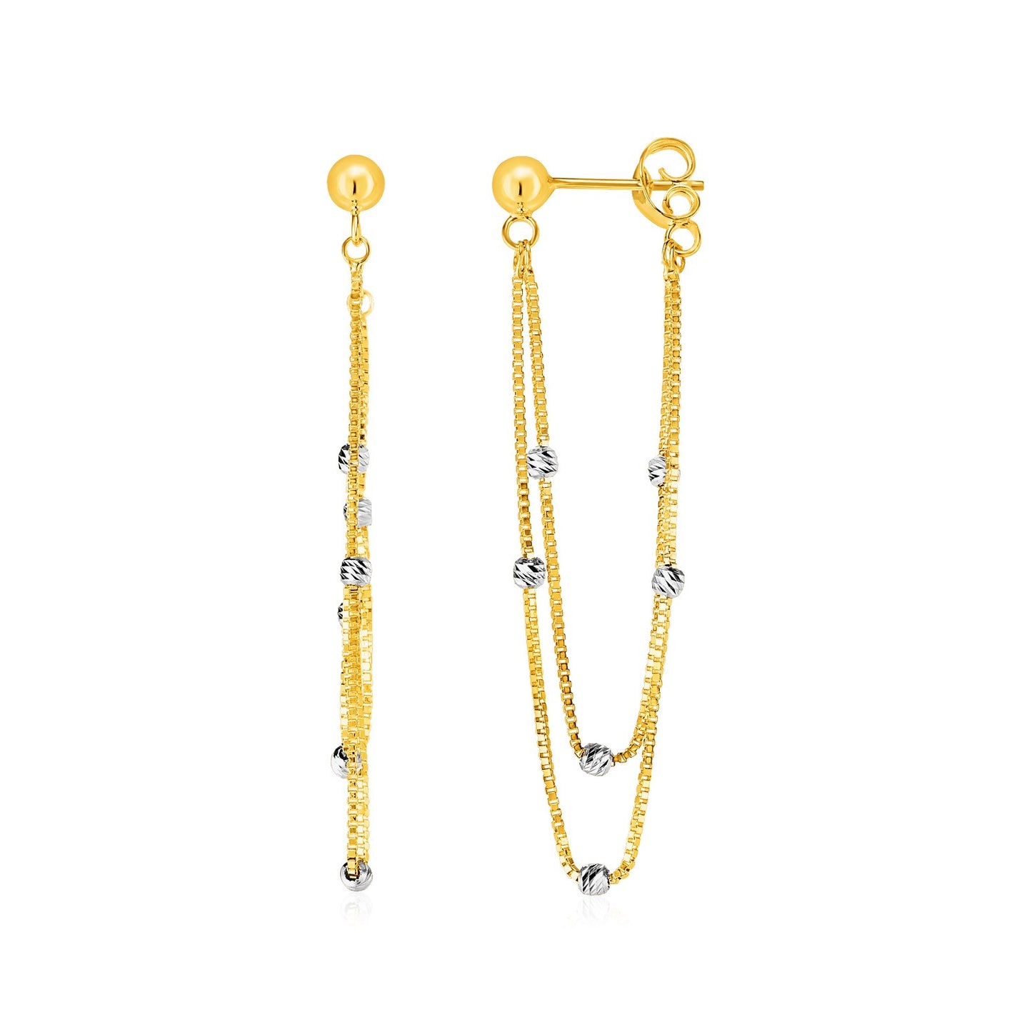 Hanging Chain Post Earrings with Bead Accents in 14k Yellow and White Gold in a sleek high-contrast midnight luxury editorial