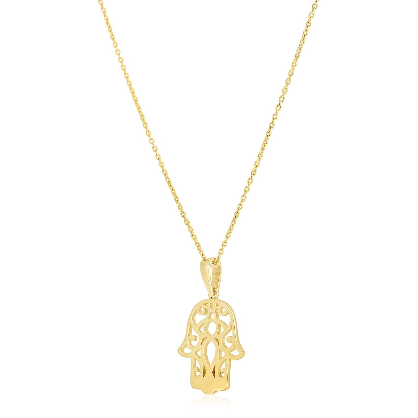 14k Yellow Gold High Polish Hamsa Amulet Necklace in a sleek high-contrast midnight luxury editorial style