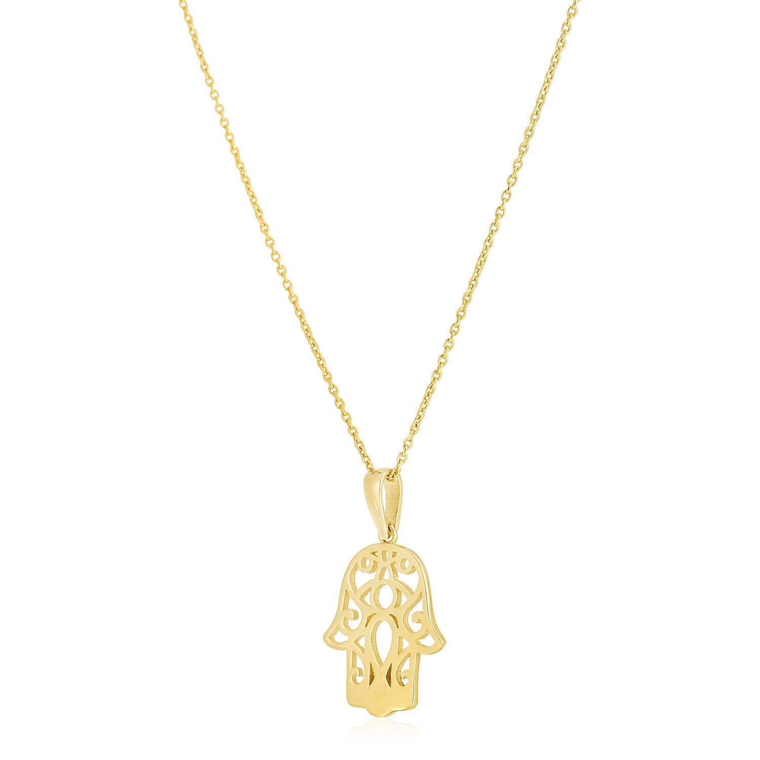 14k Yellow Gold High Polish Hamsa Amulet Necklace in a sleek high-contrast midnight luxury editorial style