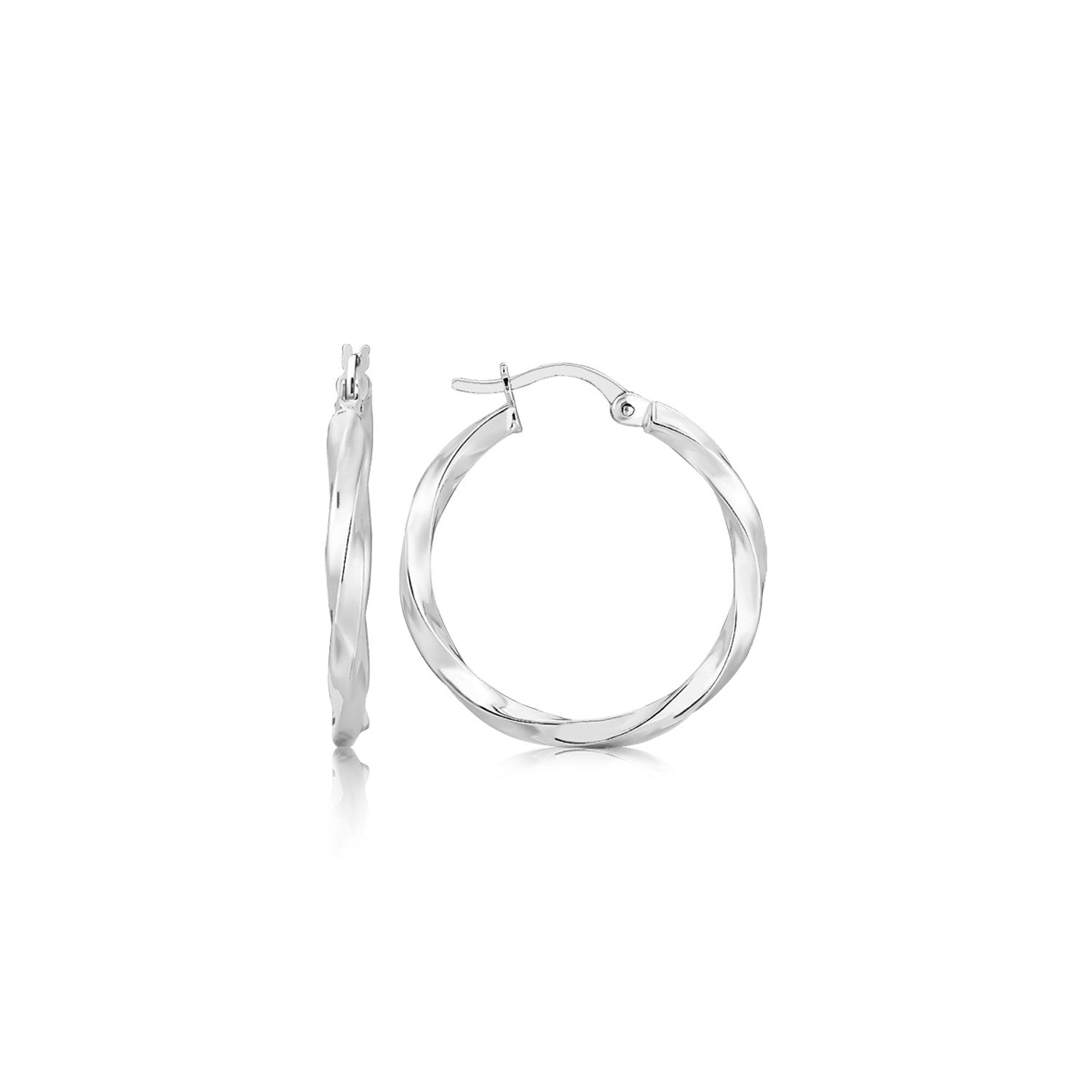 Sterling Silver Polished Spiral Motif Hoop Earrings(3x25mm) in a sleek high-contrast midnight luxury editorial style