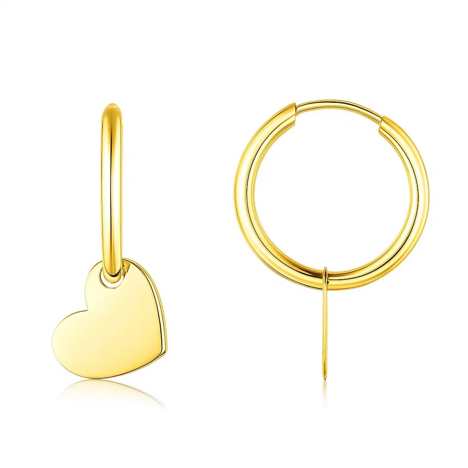 14K Yellow Gold Hoop Polished Earrings with Hearts in a sleek high-contrast midnight luxury editorial style