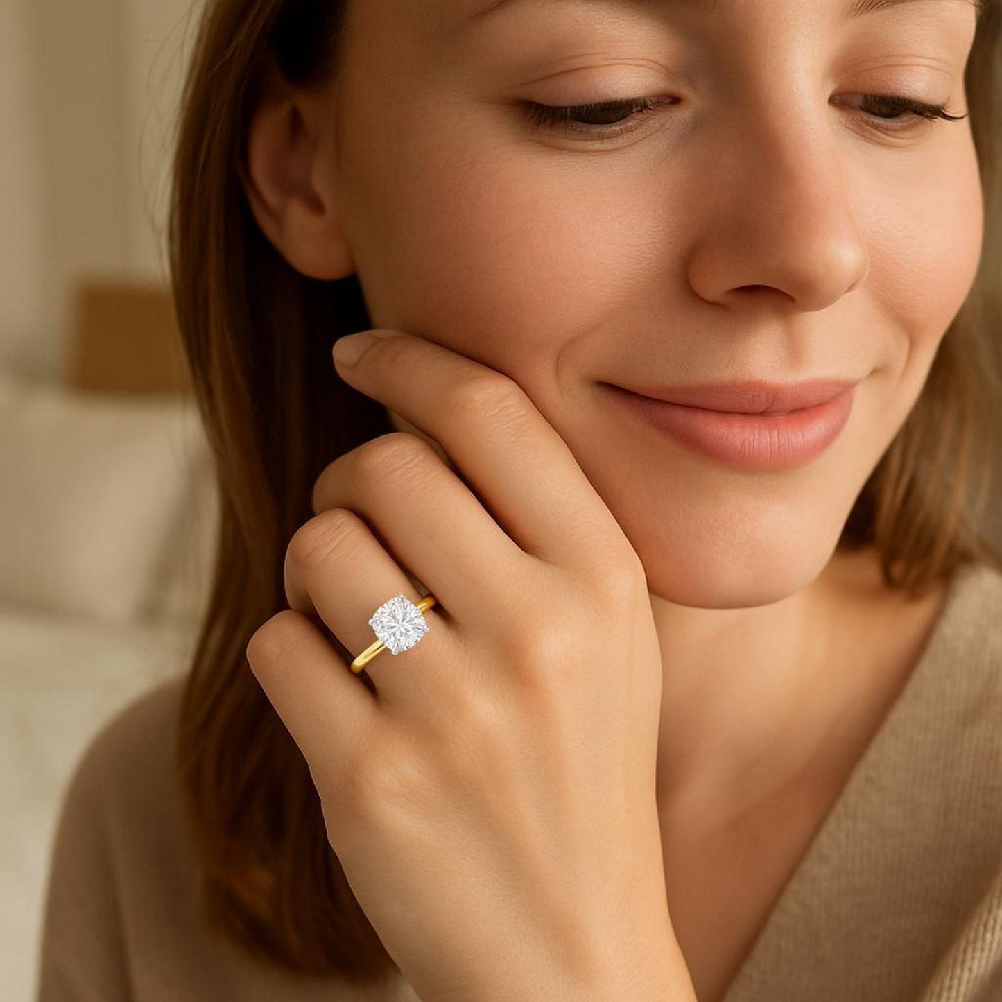 5 Carat Cushion Lab Grown IGI G/VS1 Diamond Solitaire Ring in 10K Yellow Gold