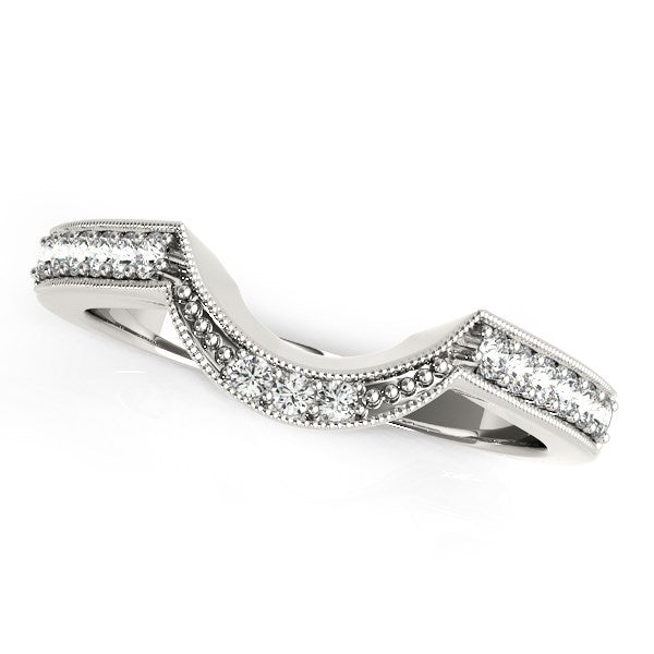 14k White Gold Round Diamond Curved Antique Wedding Band (1/4 cttw) in a sleek high-contrast midnight luxury editorial style