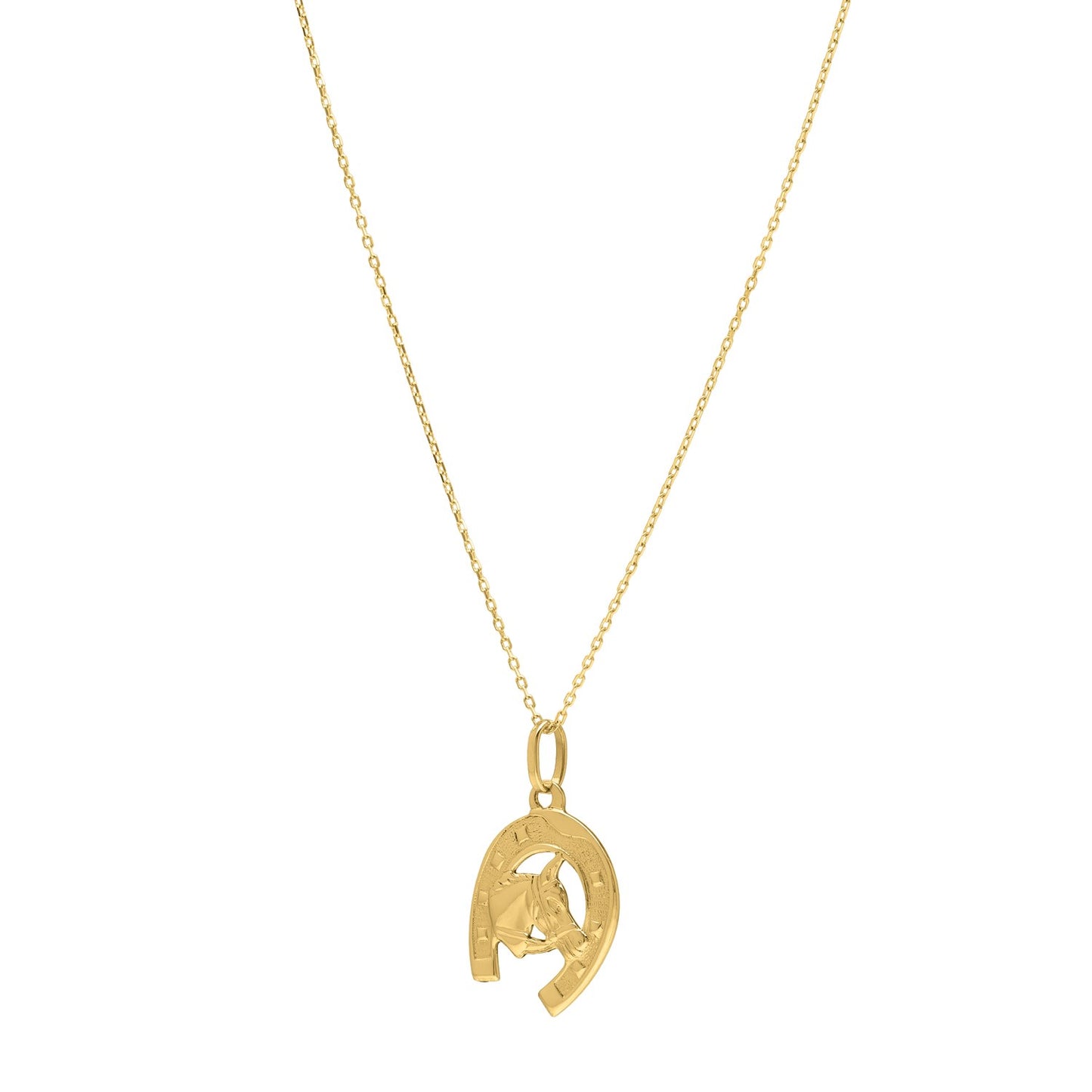 Horse and Horseshoe Necklace in 14K Yellow Gold in a sleek high-contrast midnight luxury editorial style