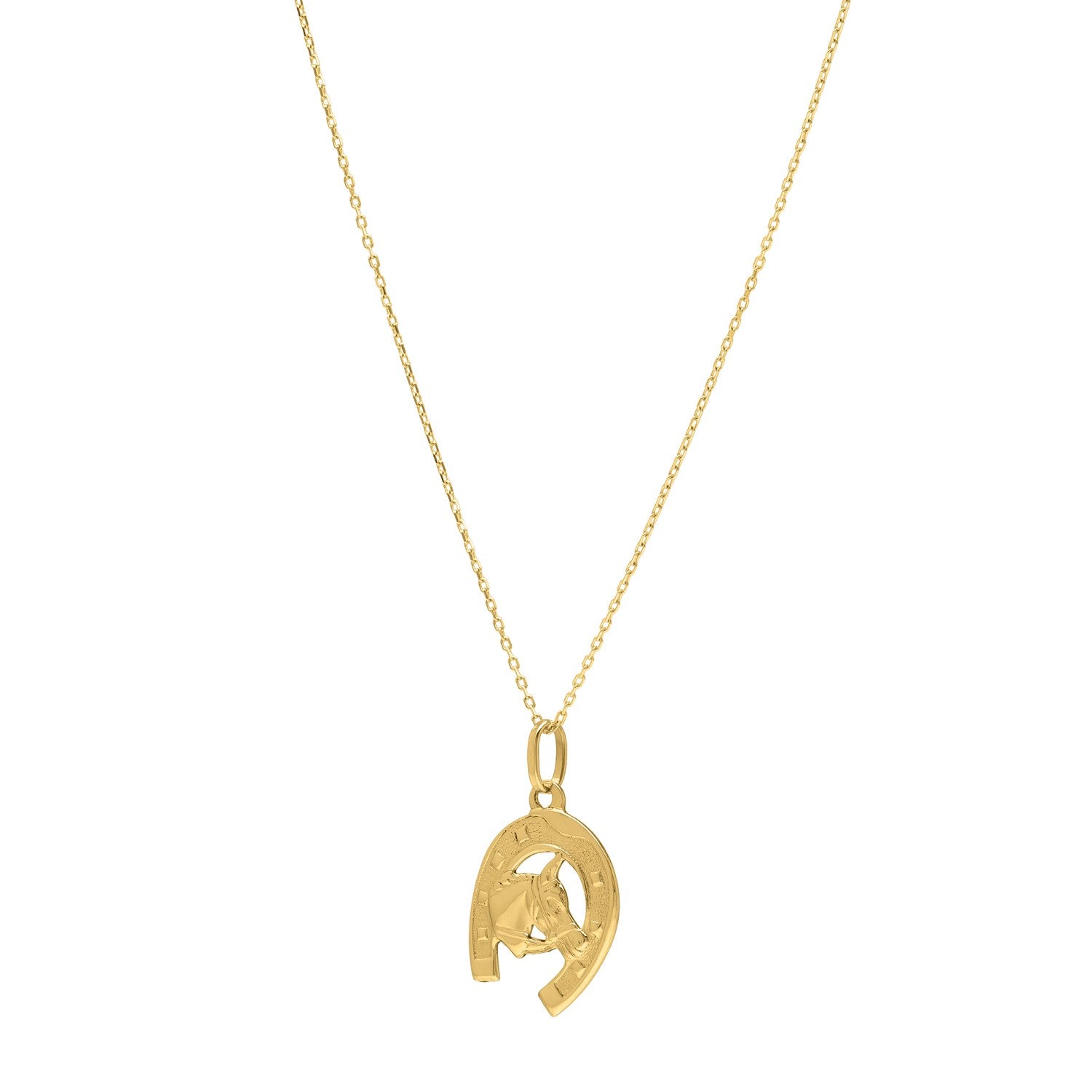 Horse and Horseshoe Necklace in 14K Yellow Gold in a sleek high-contrast midnight luxury editorial style