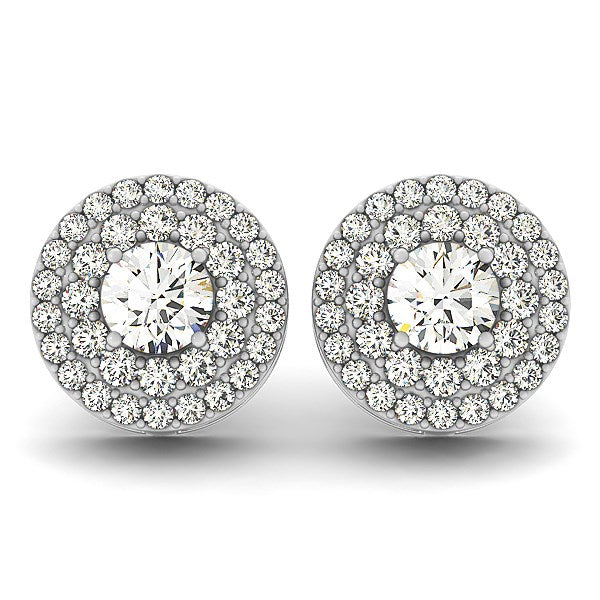 14k White Gold Double Halo Round Diamond Earrings (1 1/4 cttw) in a sleek high-contrast midnight luxury editorial style