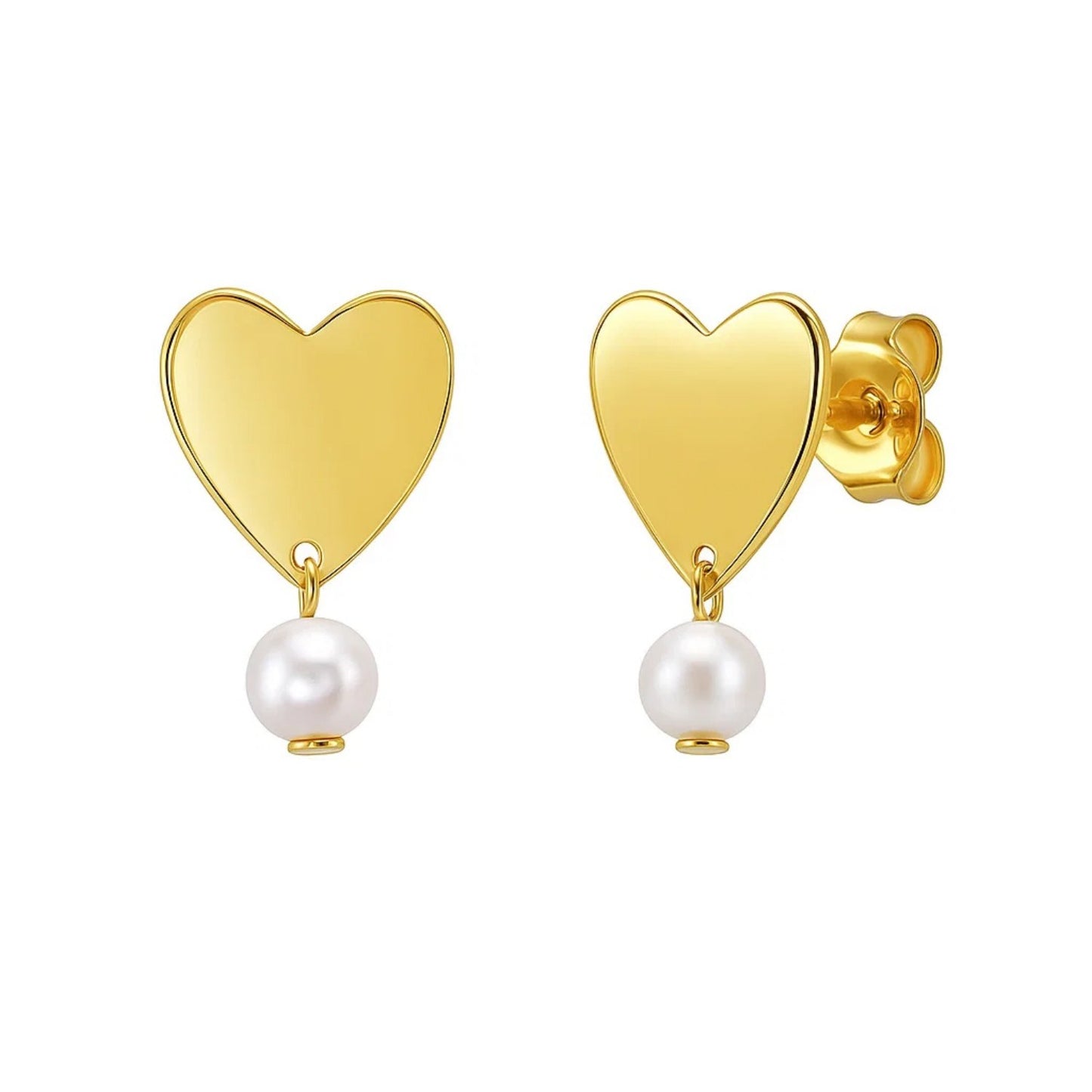 Heart and Pearl Drop Stud Earrings in 14K Yellow Gold in a sleek high-contrast midnight luxury editorial style