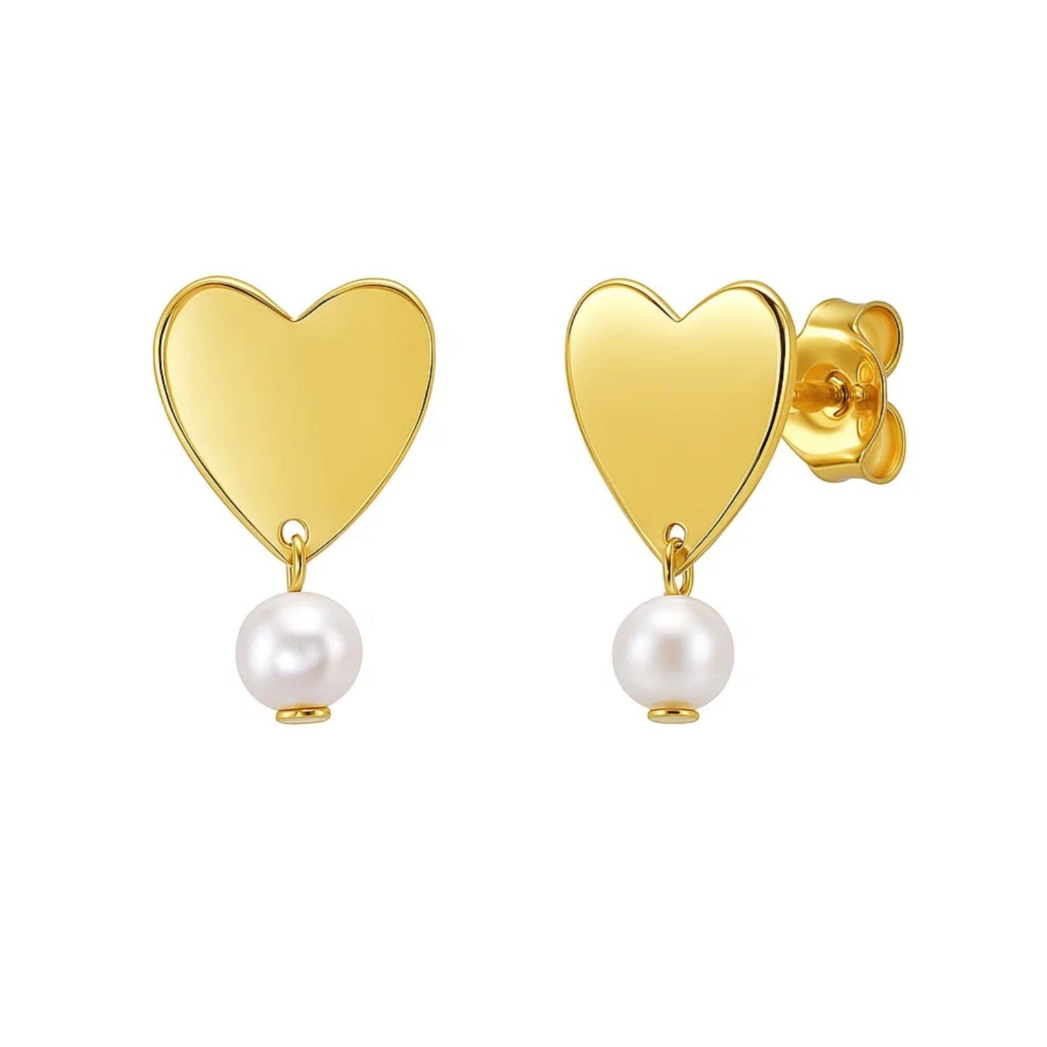 Heart and Pearl Drop Stud Earrings in 14K Yellow Gold in a sleek high-contrast midnight luxury editorial style