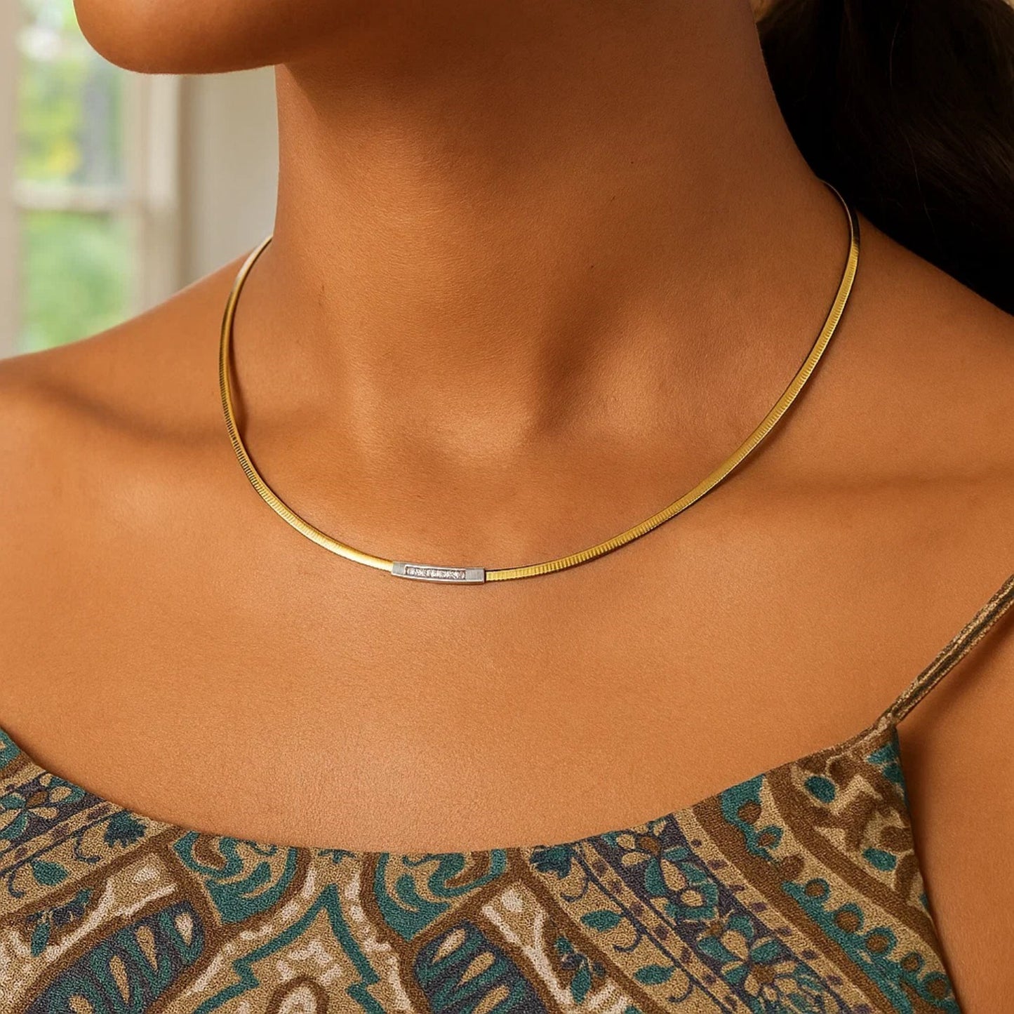 14K Yellow Gold Omega Diamond Bar Necklace