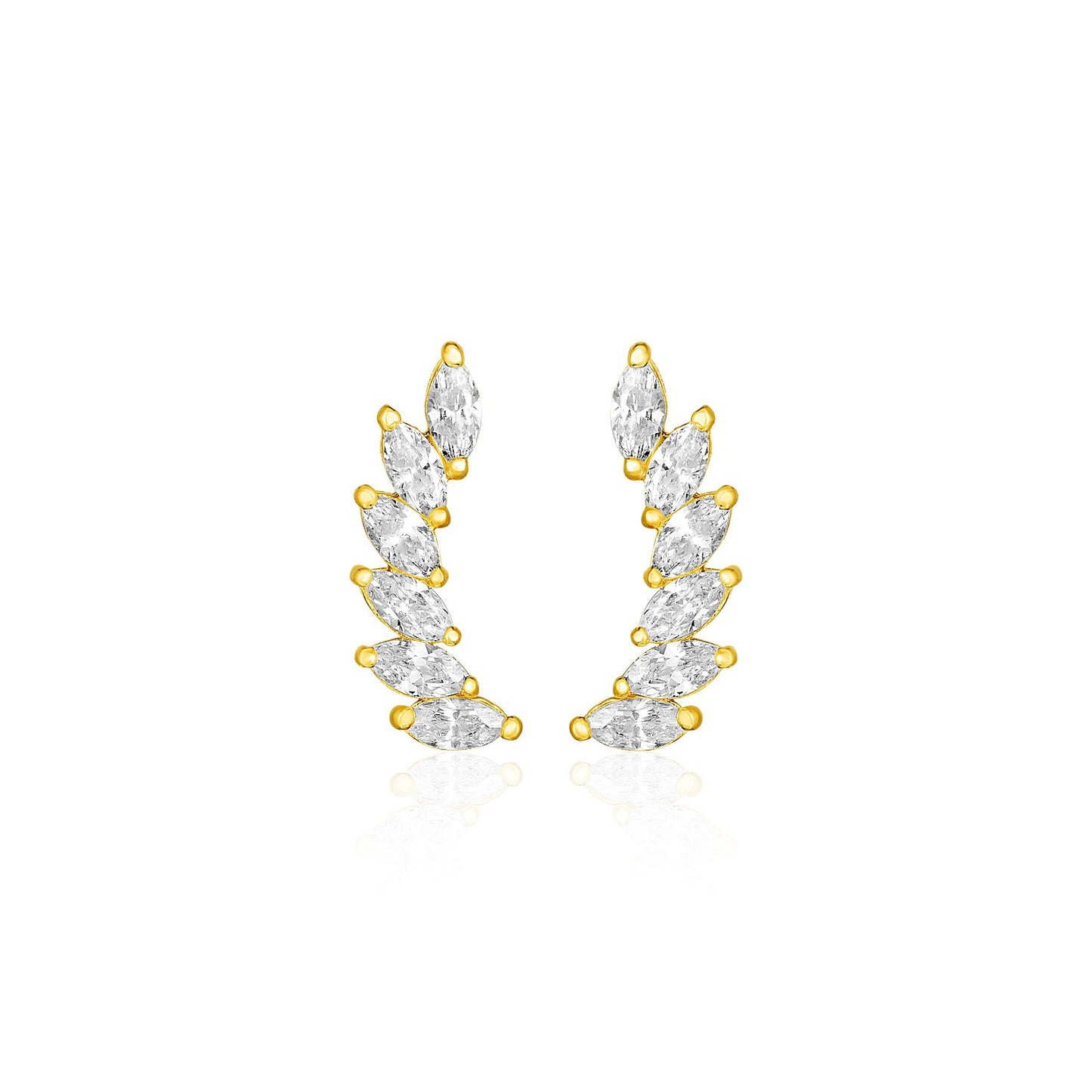 14k Yellow Gold Leaf Motif Climber Post Earrings with Marquise Cubic Zirconias in a sleek high-contrast midnight luxury edito