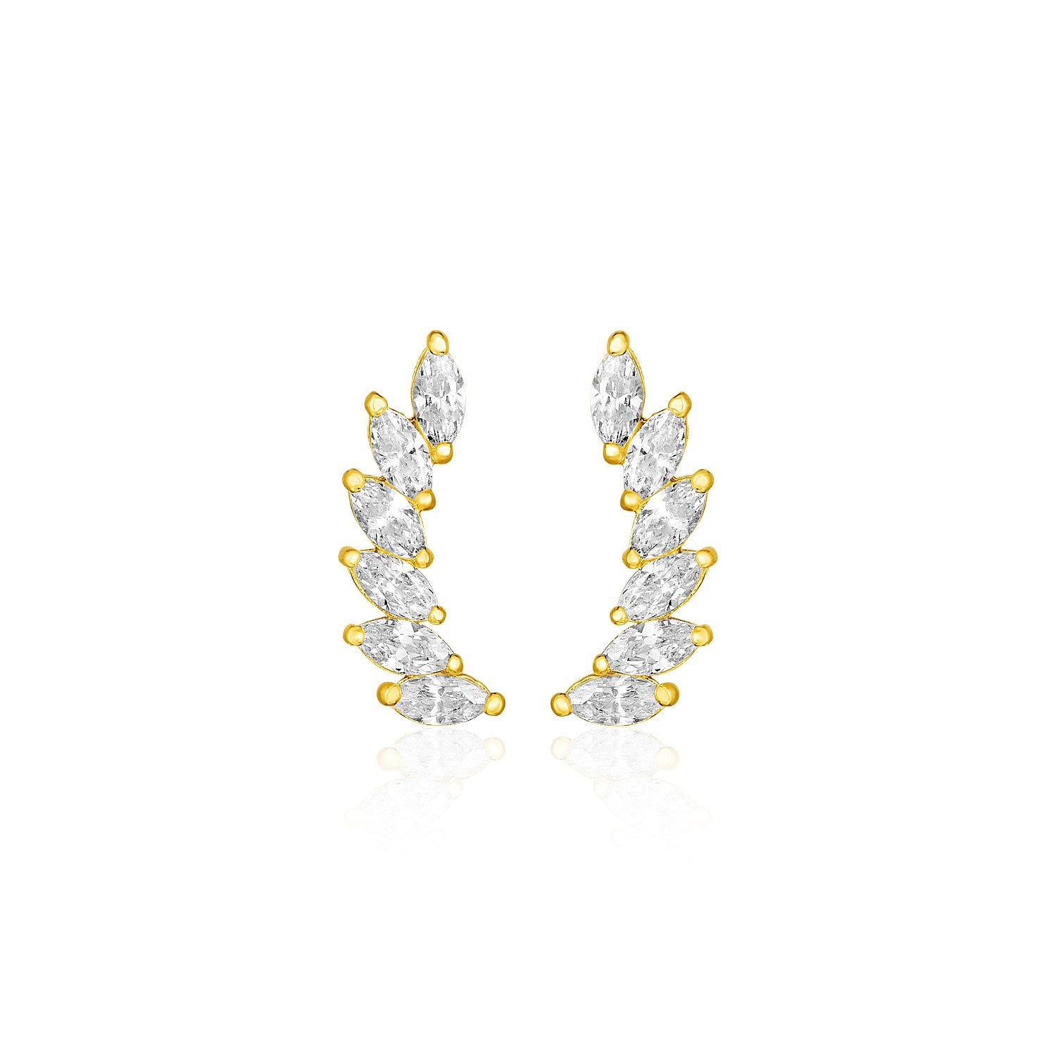 14k Yellow Gold Leaf Motif Climber Post Earrings with Marquise Cubic Zirconias in a sleek high-contrast midnight luxury edito
