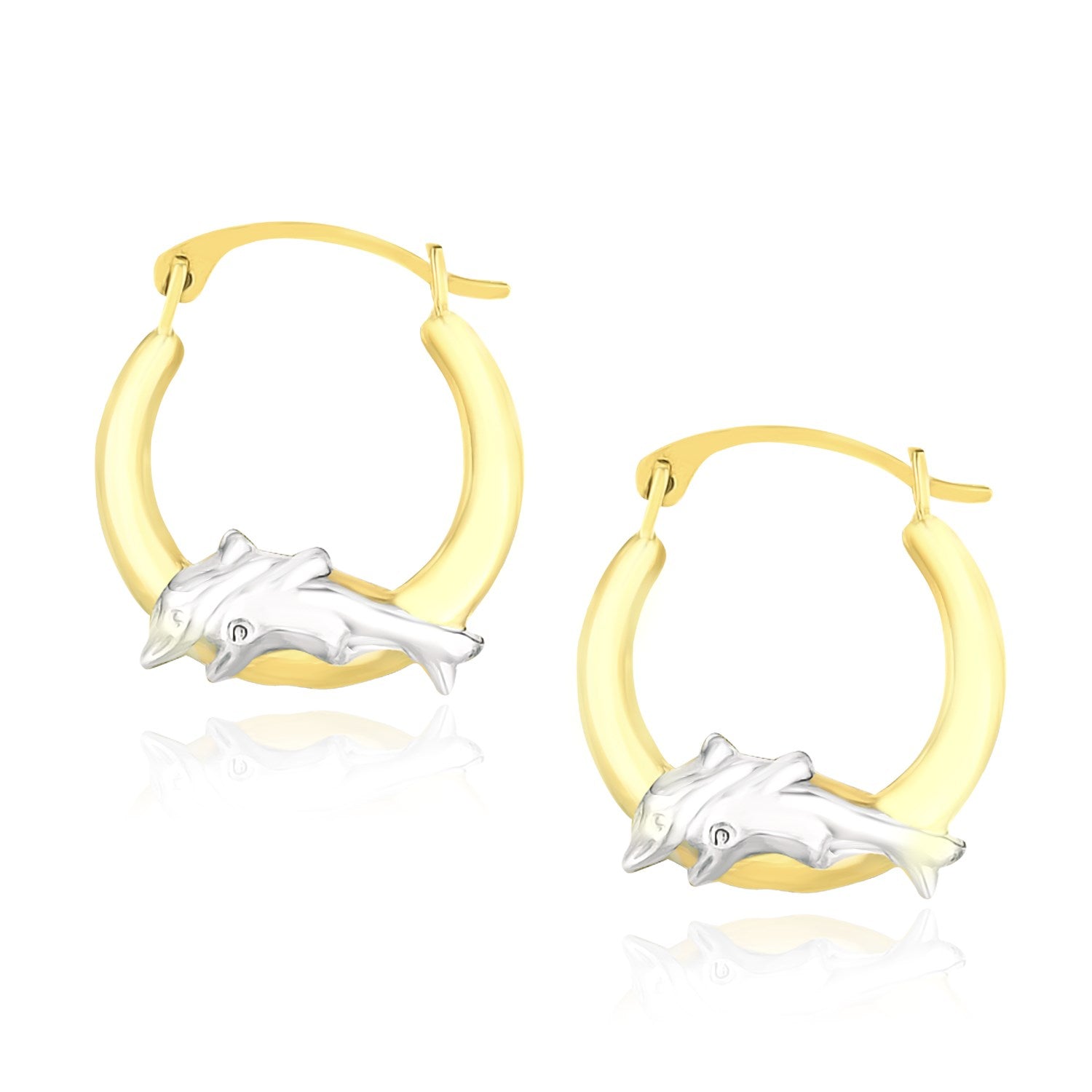 10k Two-Tone Gold Round Graduated Dolphin Design Hoop Earrings in a sleek high-contrast midnight luxury editorial style