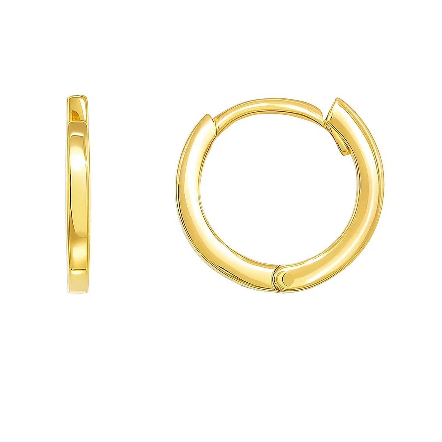 14k Yellow Gold Petite Polished Round Hoop Earrings(1.3x11.5mm) in a sleek high-contrast midnight luxury editorial style