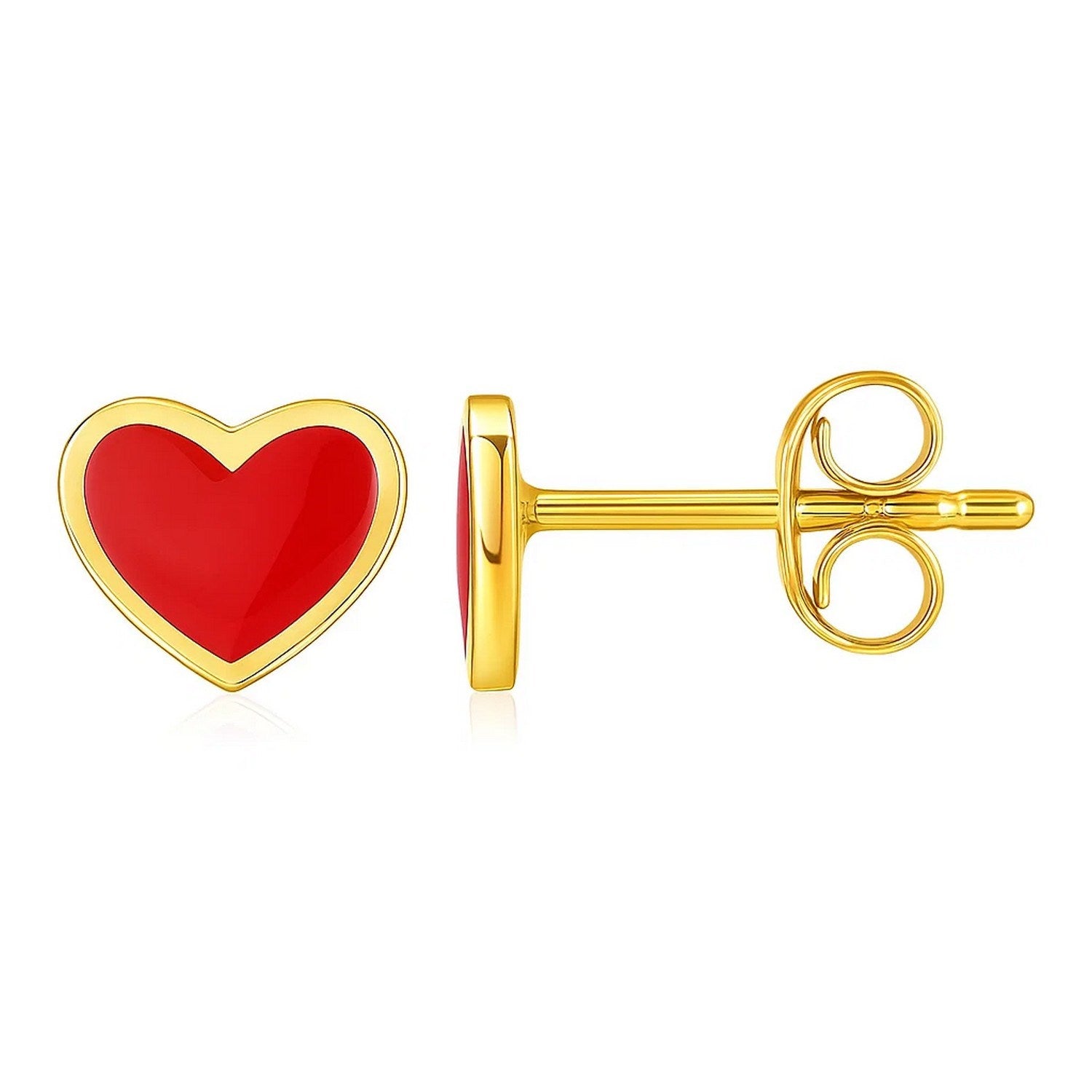 14k Yellow Gold and Enamel Red Heart Stud Earrings in a sleek high-contrast midnight luxury editorial style