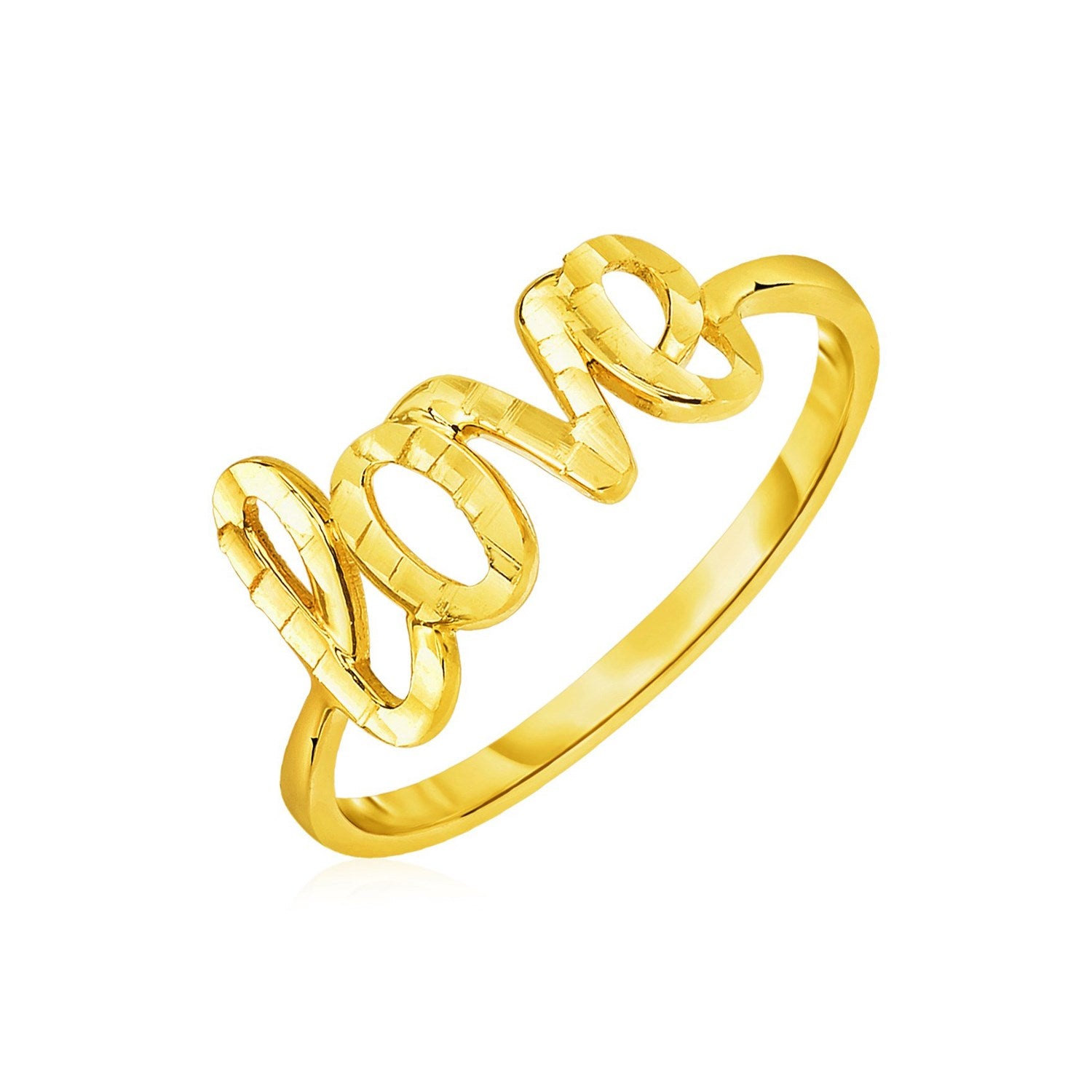 14k Yellow Gold Ring with Love in a sleek high-contrast midnight luxury editorial style