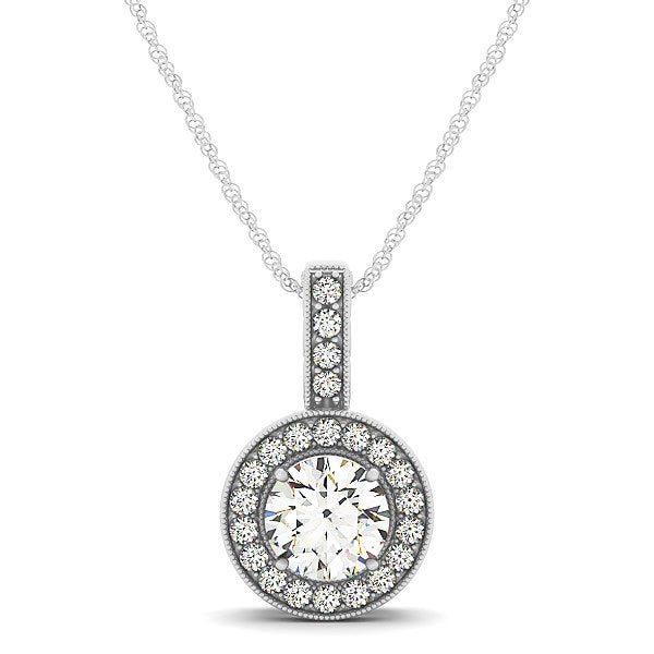 Milgrain Edge Diamond Halo Pendant in 14k White Gold (5/8 cttw) in a sleek high-contrast midnight luxury editorial style