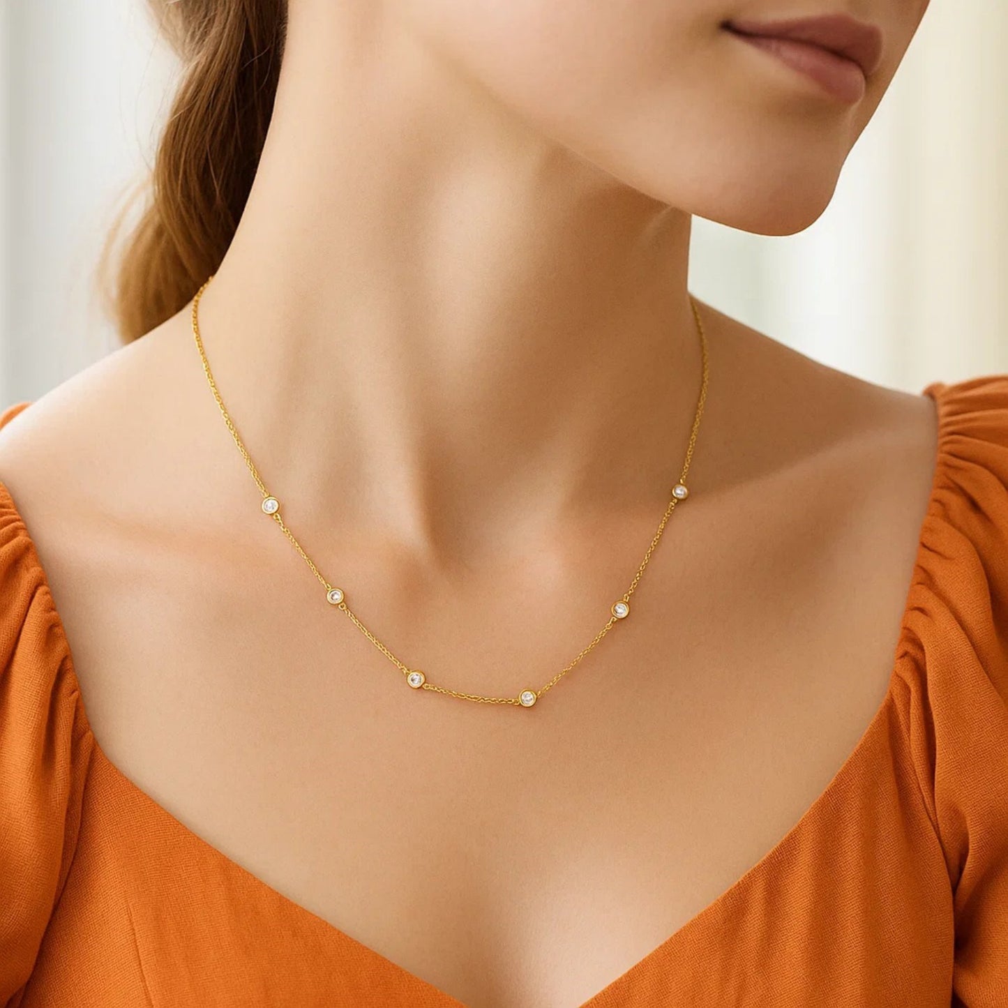 14k Yellow Gold Station Necklace with Round Diamonds
