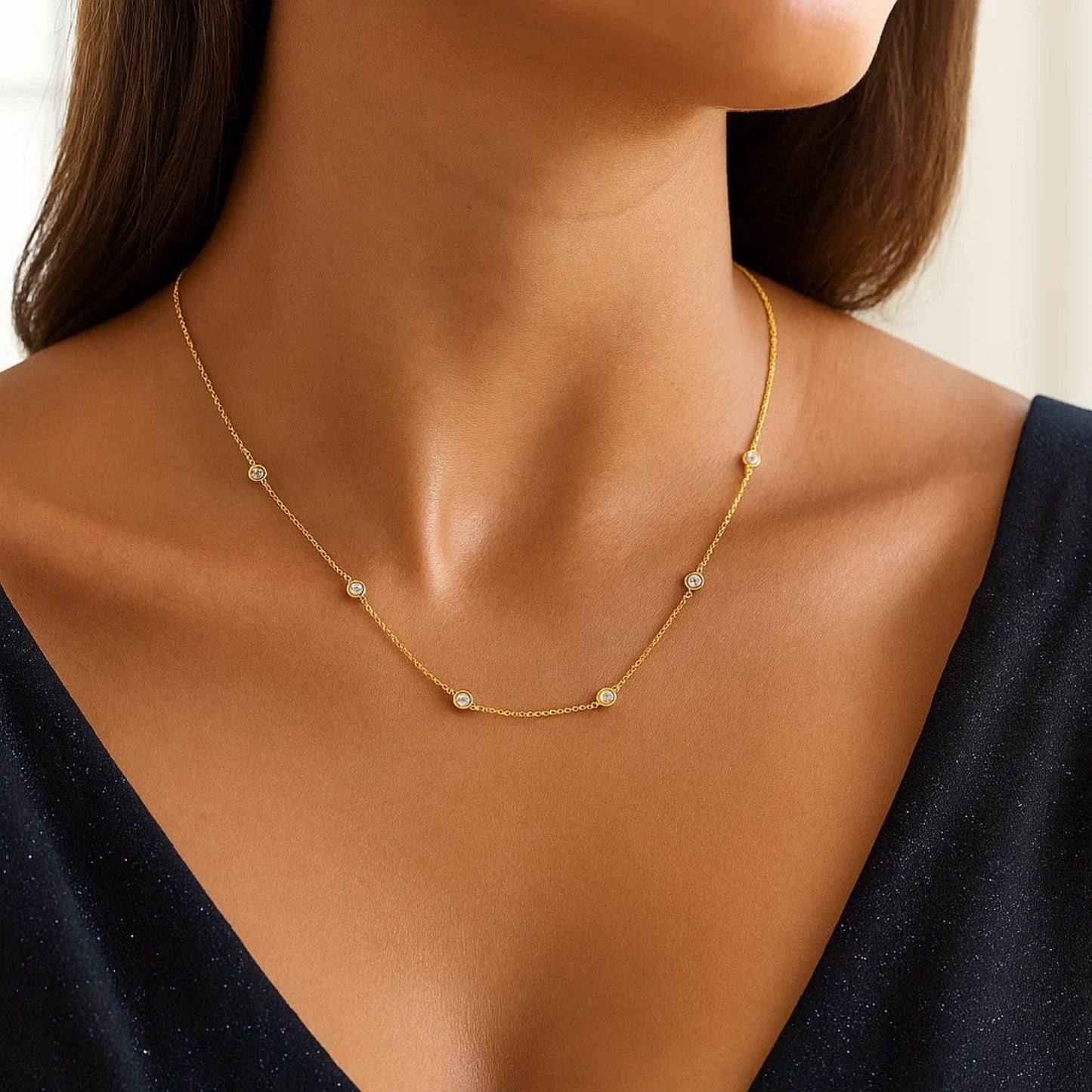 14k Yellow Gold Station Necklace with Round Diamonds