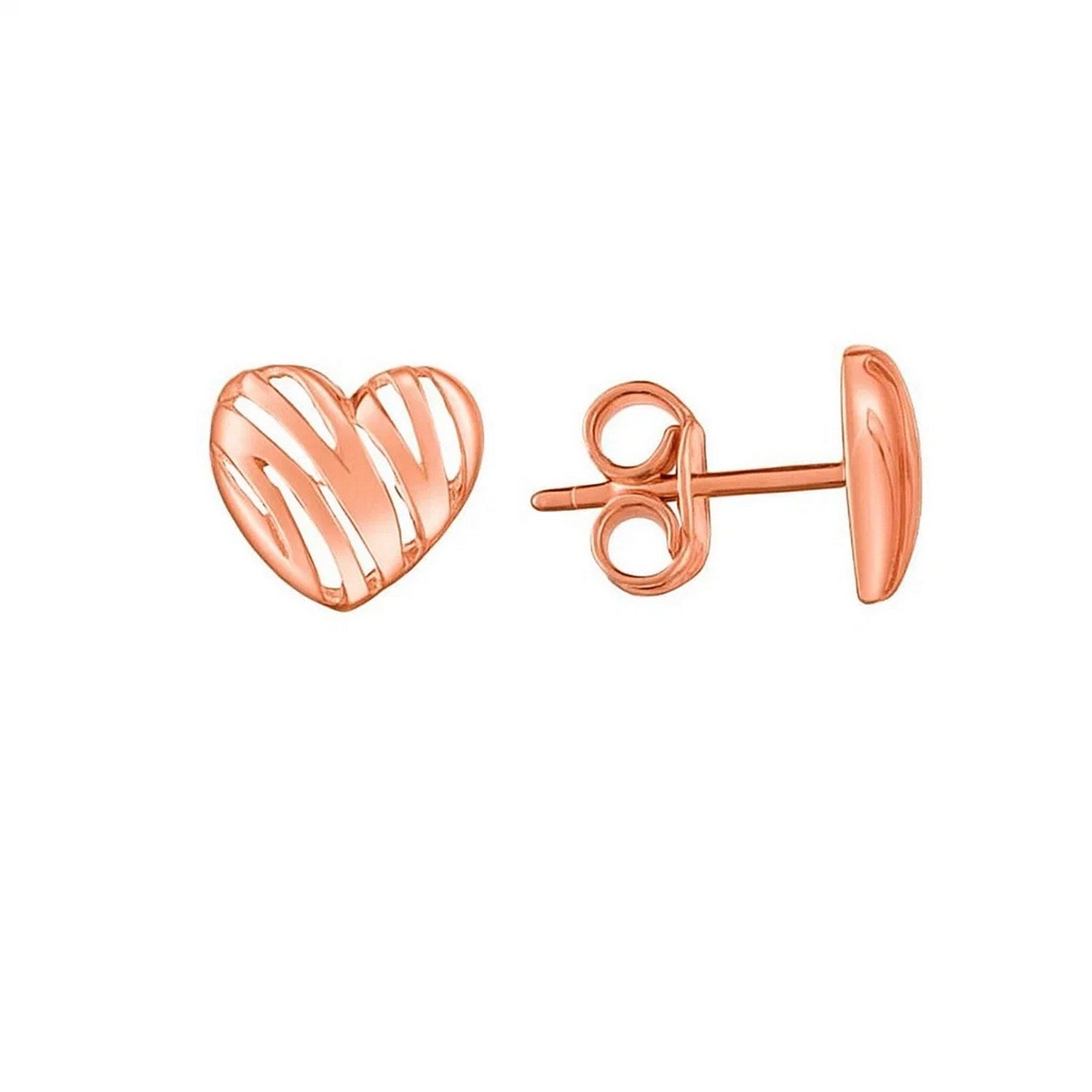 14K Rose Gold High Polish Scribble Heart Stud Earrings in a sleek high-contrast midnight luxury editorial style