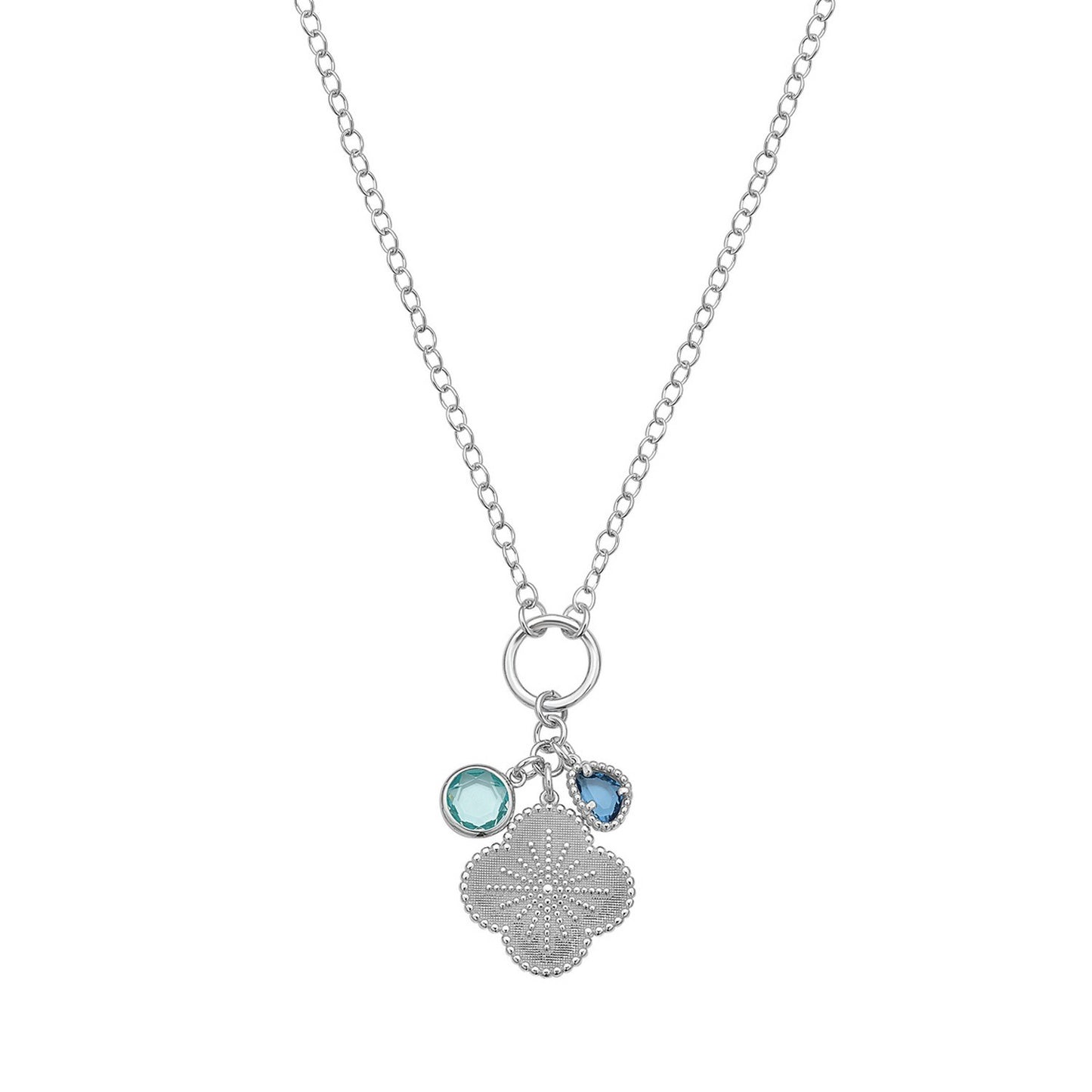 Sterling Silver Rhodium Plated Flower Cubic Zirconia Charm Necklace
