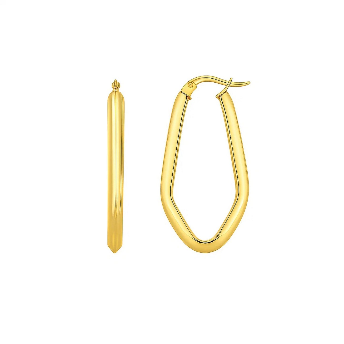 Geometric Oval Hoop Earrings in 10K Yellow Gold in a sleek high-contrast midnight luxury editorial style