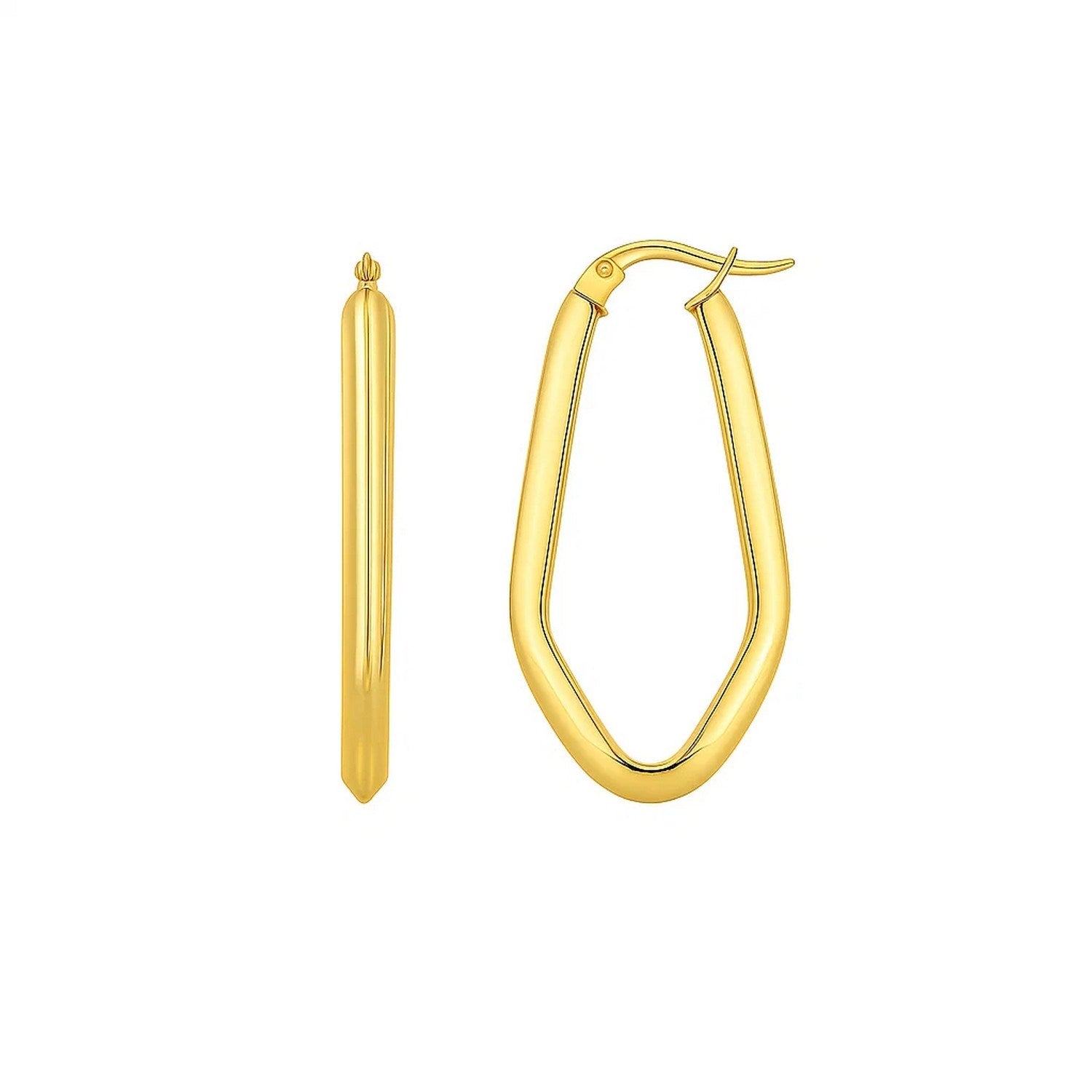 Geometric Oval Hoop Earrings in 10K Yellow Gold in a sleek high-contrast midnight luxury editorial style