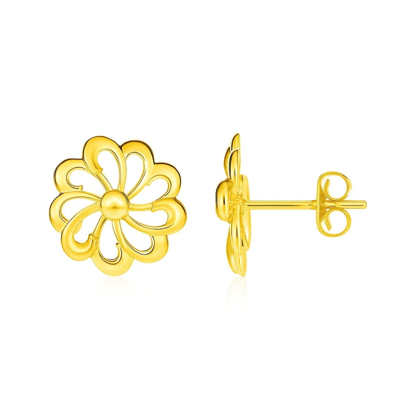 14k Yellow Gold Post Earrings with Flowers in a sleek high-contrast midnight luxury editorial style