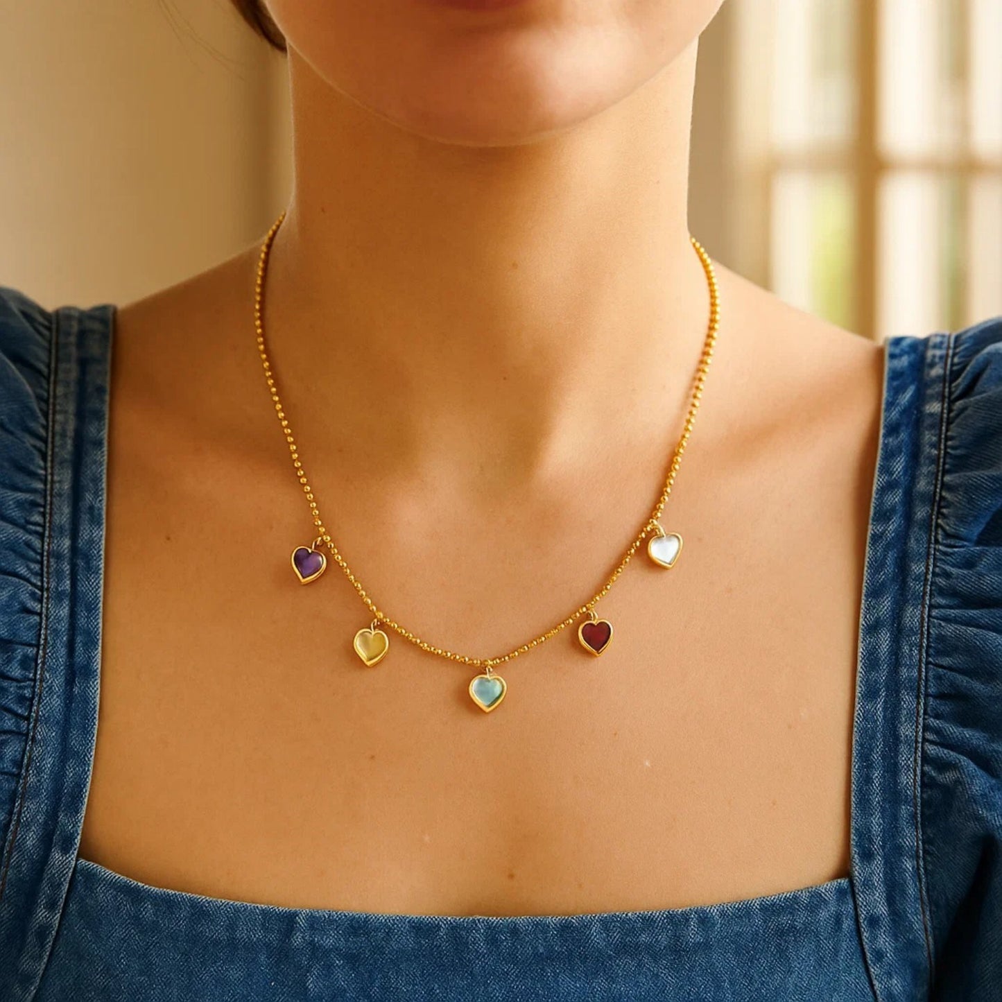 14K Yellow Gold Multi Gemstone Heart Necklace (1.50 mm)