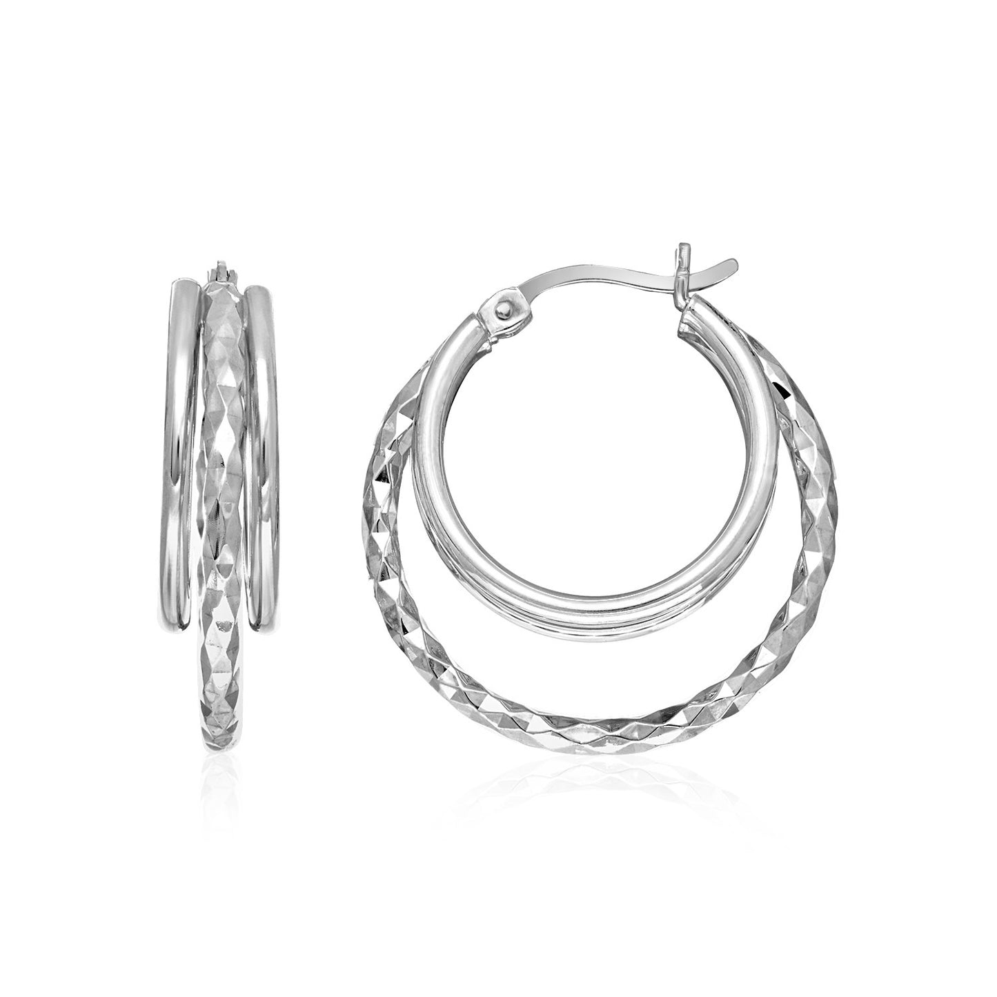 Two-Part Graduated Polished and Textured Hoop Earrings in Sterling Silver in a sleek high-contrast midnight luxury editorial