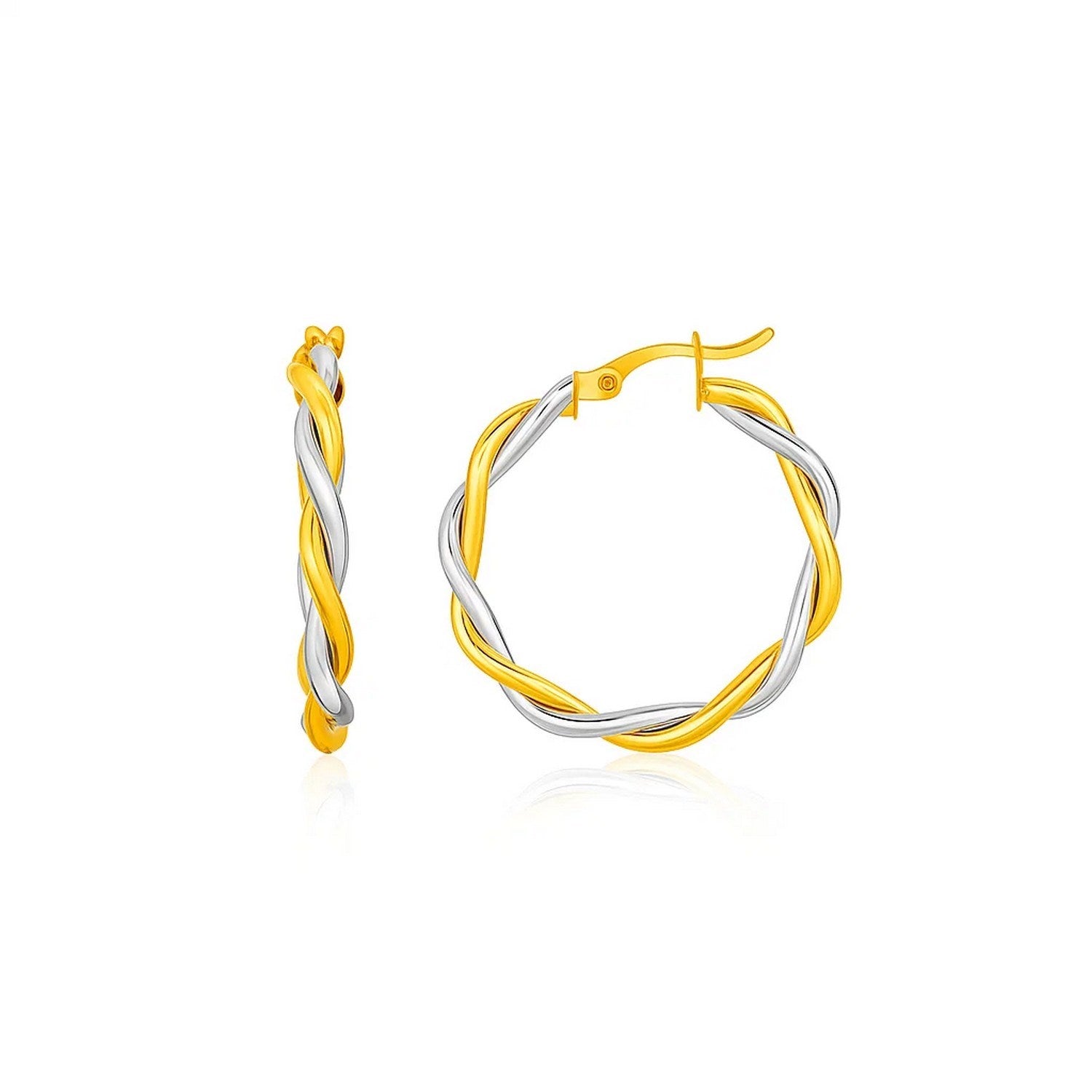 Two-Tone Twisted Wire Round Hoop Earrings in 10k Yellow and White Gold(3x15mm) in a sleek high-contrast midnight luxury edito